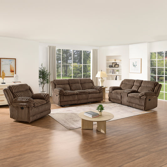 Roundhill Furniture Ardello Reclining Living Room Collection, Corduroy Upholstery, with Built-In Power Center, and Storage Console, Chocolate