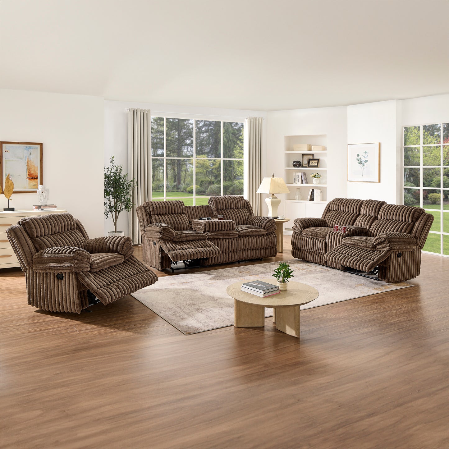Roundhill Furniture Ardello Reclining Living Room Collection, Corduroy Upholstery, with Built-In Power Center, and Storage Console, Chocolate