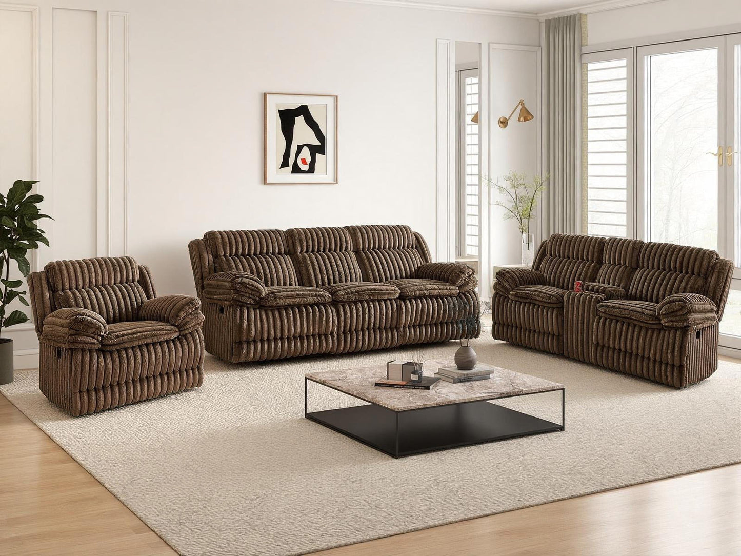 Roundhill Furniture Ardello Reclining Living Room Collection, Corduroy Upholstery, with Built-In Power Center, and Storage Console, Chocolate