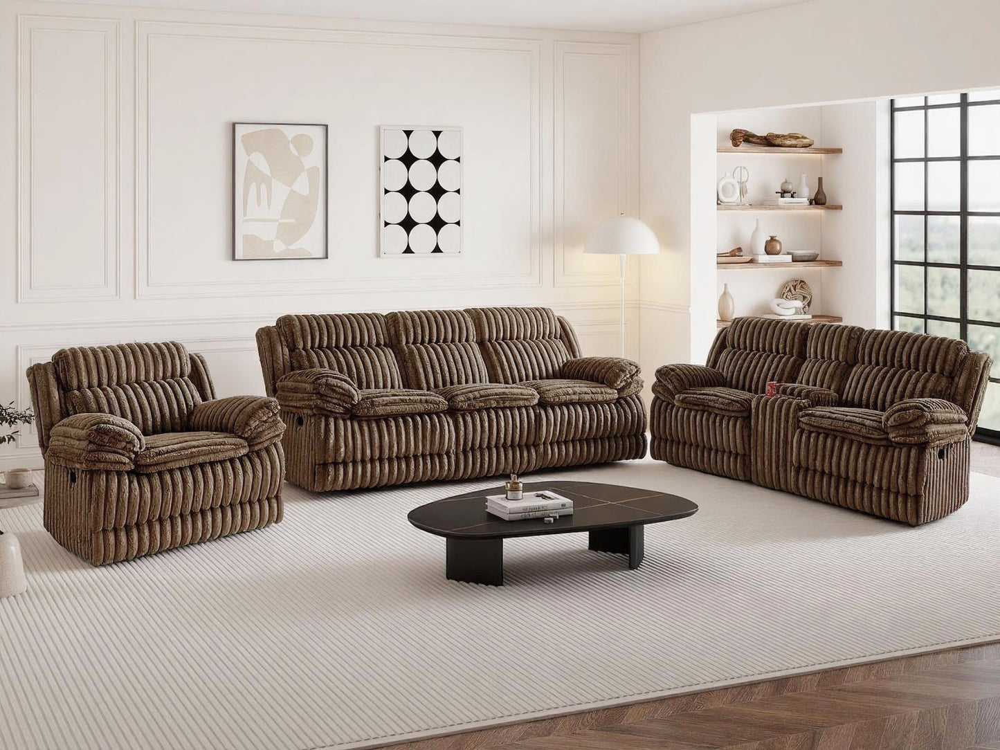Roundhill Furniture Ardello Reclining Living Room Collection, Corduroy Upholstery, with Built-In Power Center, and Storage Console, Chocolate