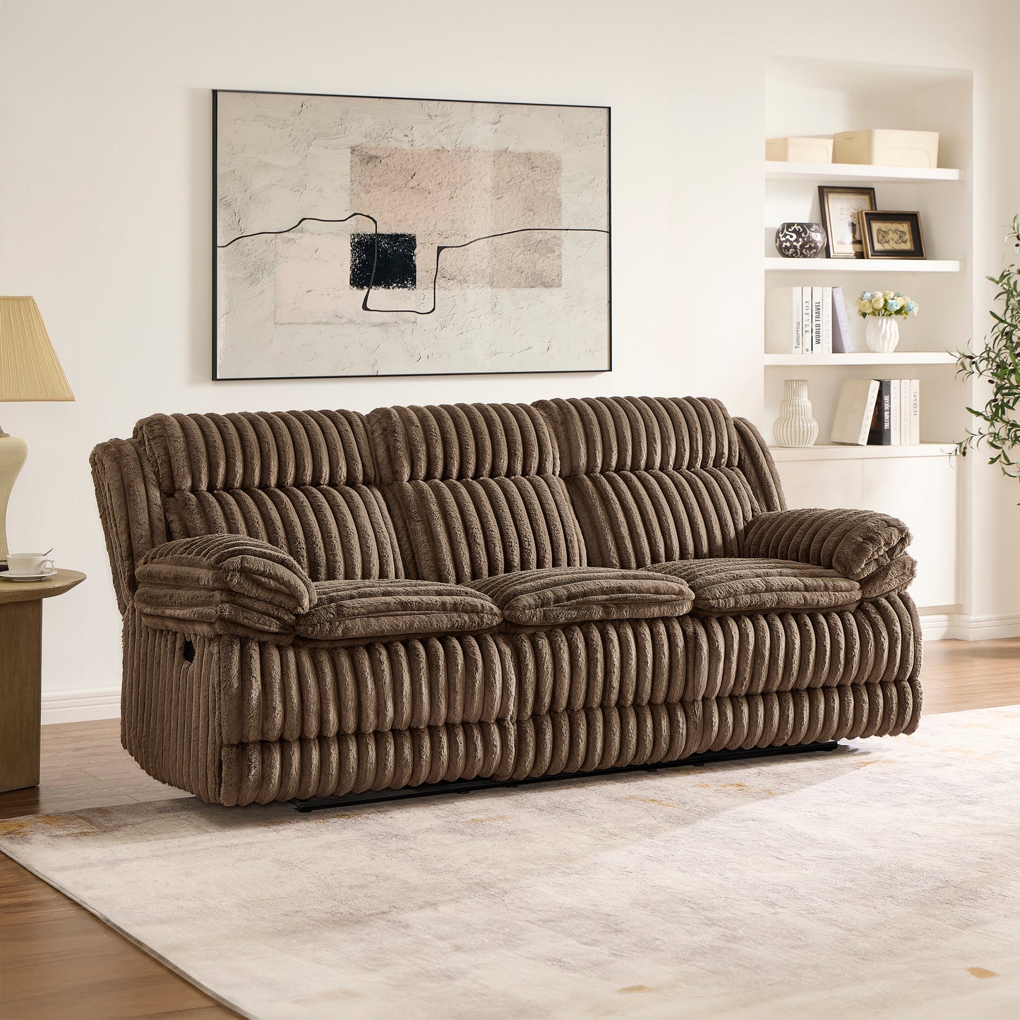 Roundhill Furniture Ardello Reclining Living Room Collection, Corduroy Upholstery, with Built-In Power Center, and Storage Console, Chocolate