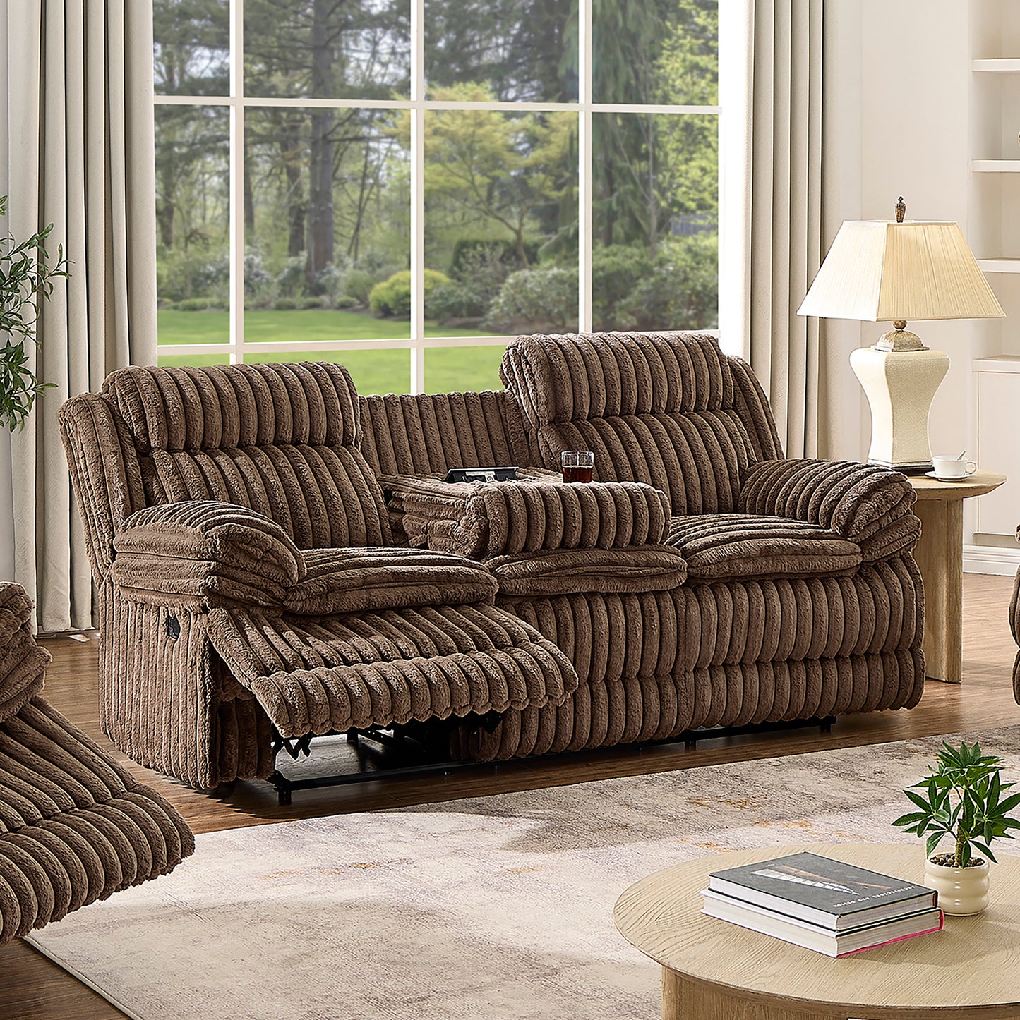 Roundhill Furniture Ardello Reclining Living Room Collection, Corduroy Upholstery, with Built-In Power Center, and Storage Console, Chocolate