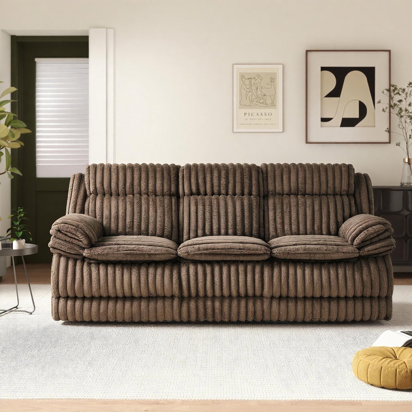 Roundhill Furniture Ardello Reclining Living Room Collection, Corduroy Upholstery, with Built-In Power Center, and Storage Console, Chocolate