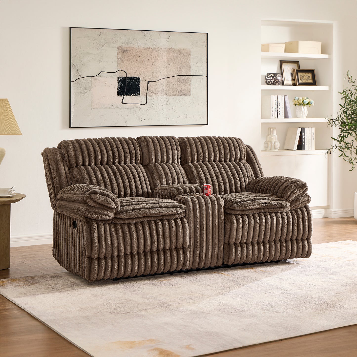 Roundhill Furniture Ardello Reclining Living Room Collection, Corduroy Upholstery, with Built-In Power Center, and Storage Console, Chocolate