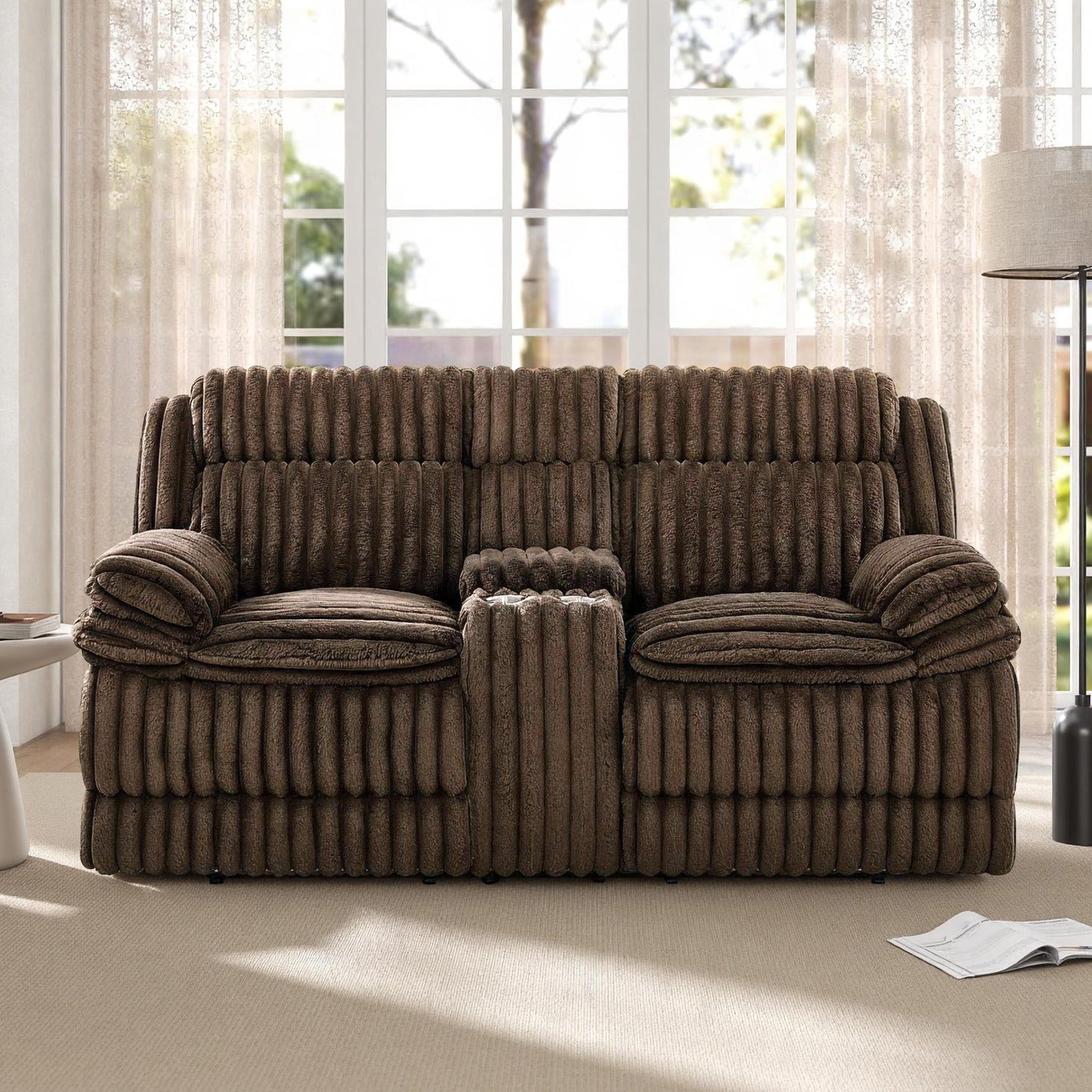 Roundhill Furniture Ardello Reclining Living Room Collection, Corduroy Upholstery, with Built-In Power Center, and Storage Console, Chocolate