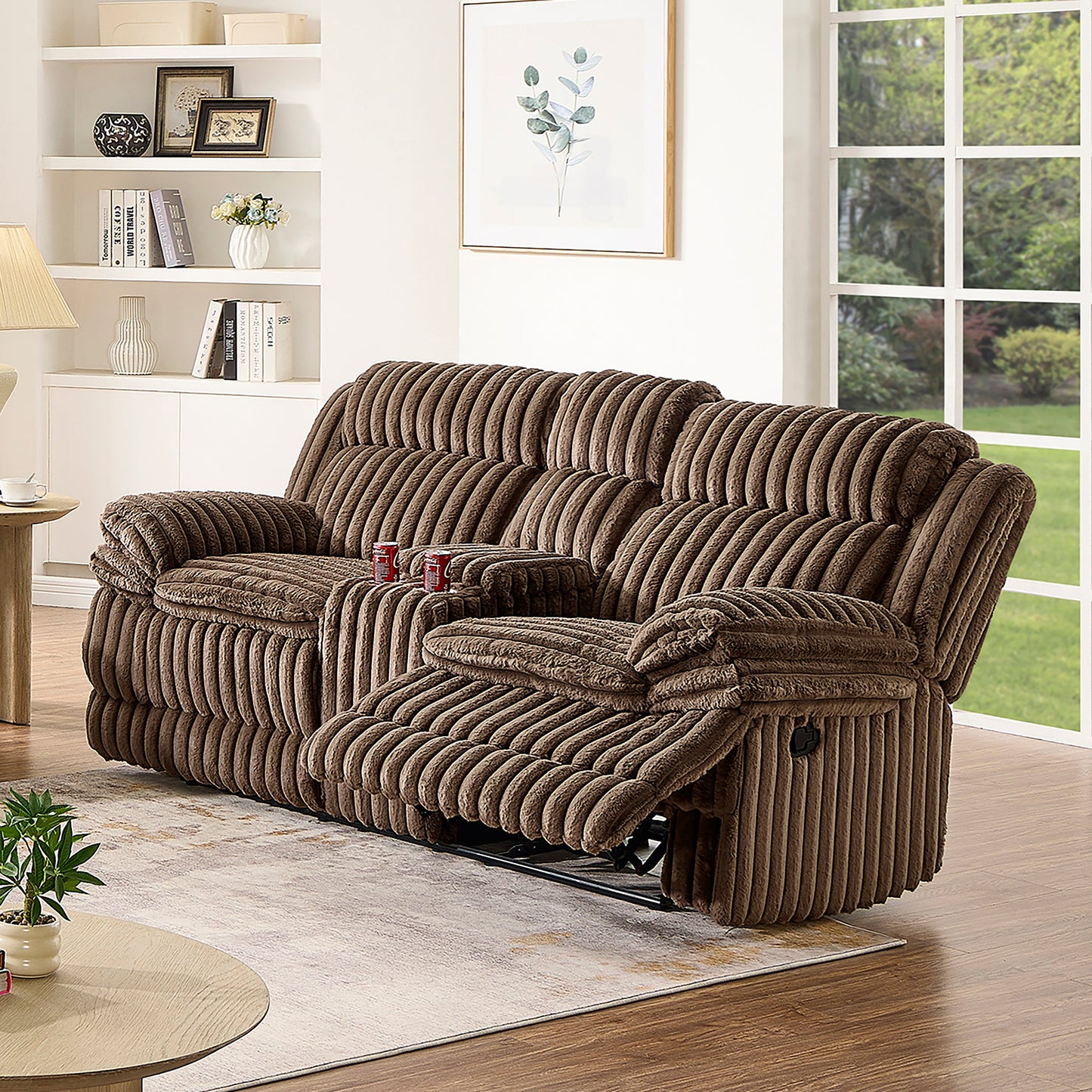 Roundhill Furniture Ardello Reclining Living Room Collection, Corduroy Upholstery, with Built-In Power Center, and Storage Console, Chocolate