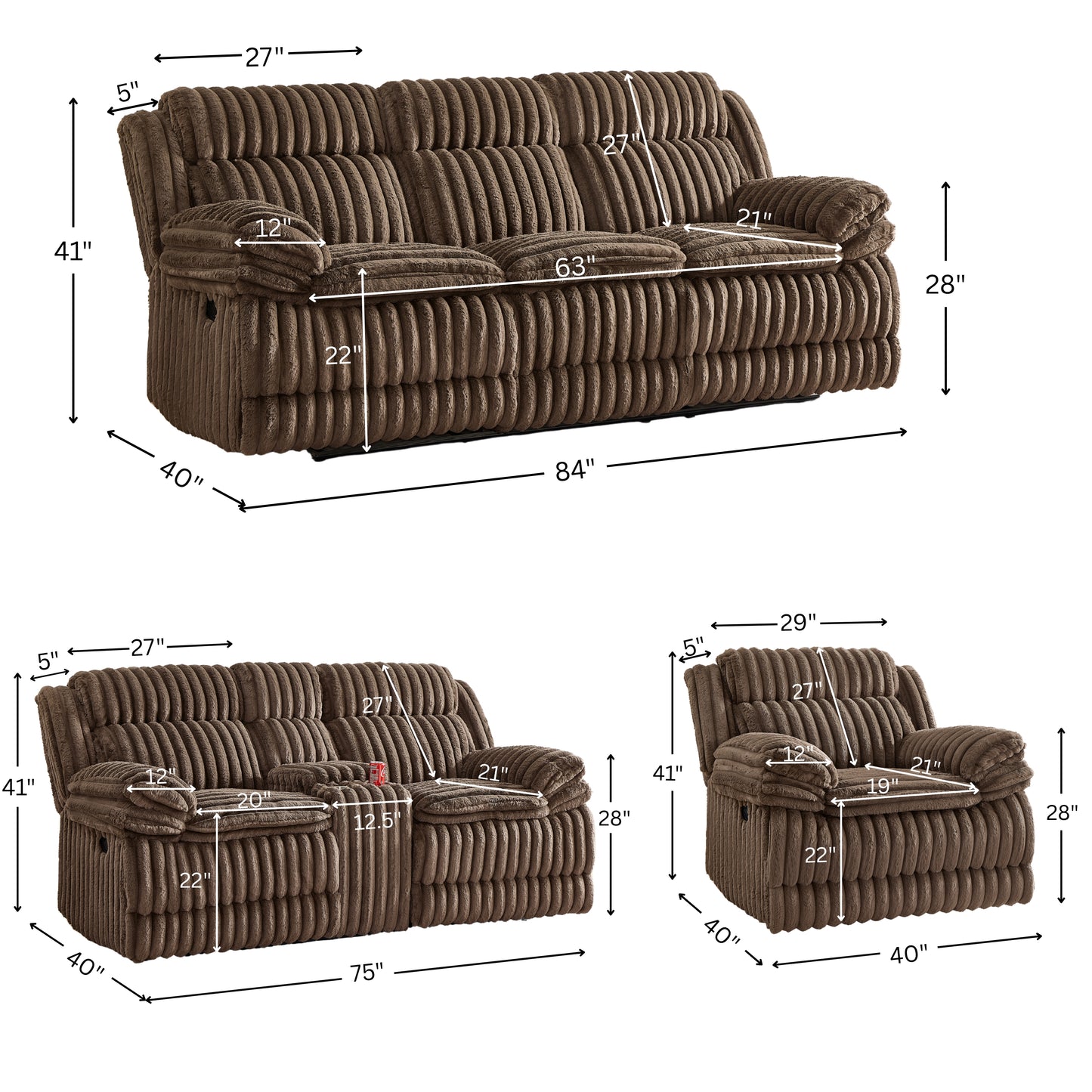 Roundhill Furniture Ardello Reclining Living Room Collection, Corduroy Upholstery, with Built-In Power Center, and Storage Console, Chocolate