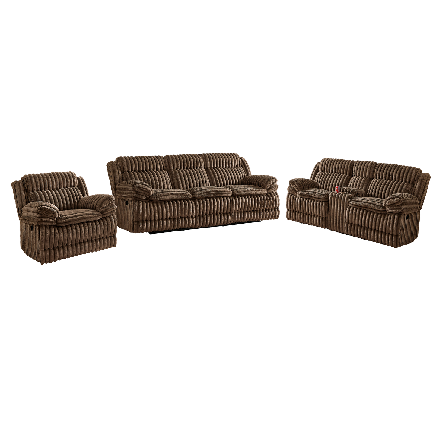 Roundhill Furniture Ardello Reclining Living Room Collection, Corduroy Upholstery, with Built-In Power Center, and Storage Console, Chocolate