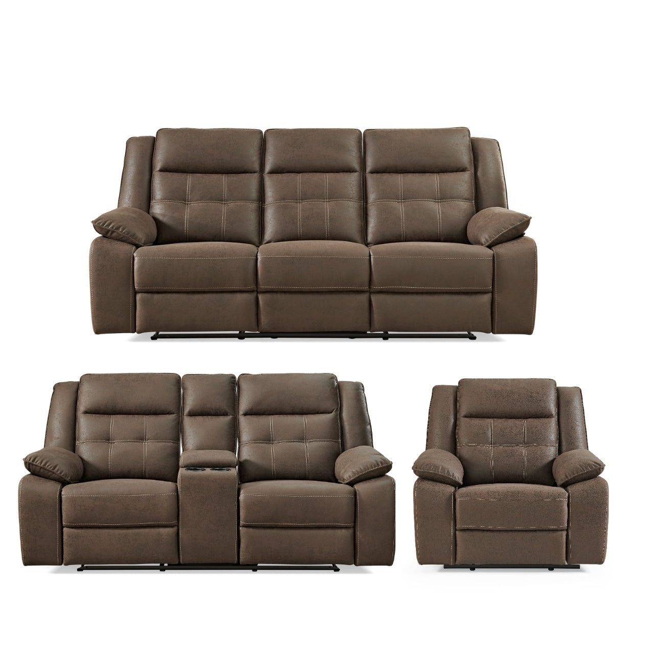 Lesley Transitional Living Room Reclining Collection, Sofa Loveseat and Recliner, Brown
