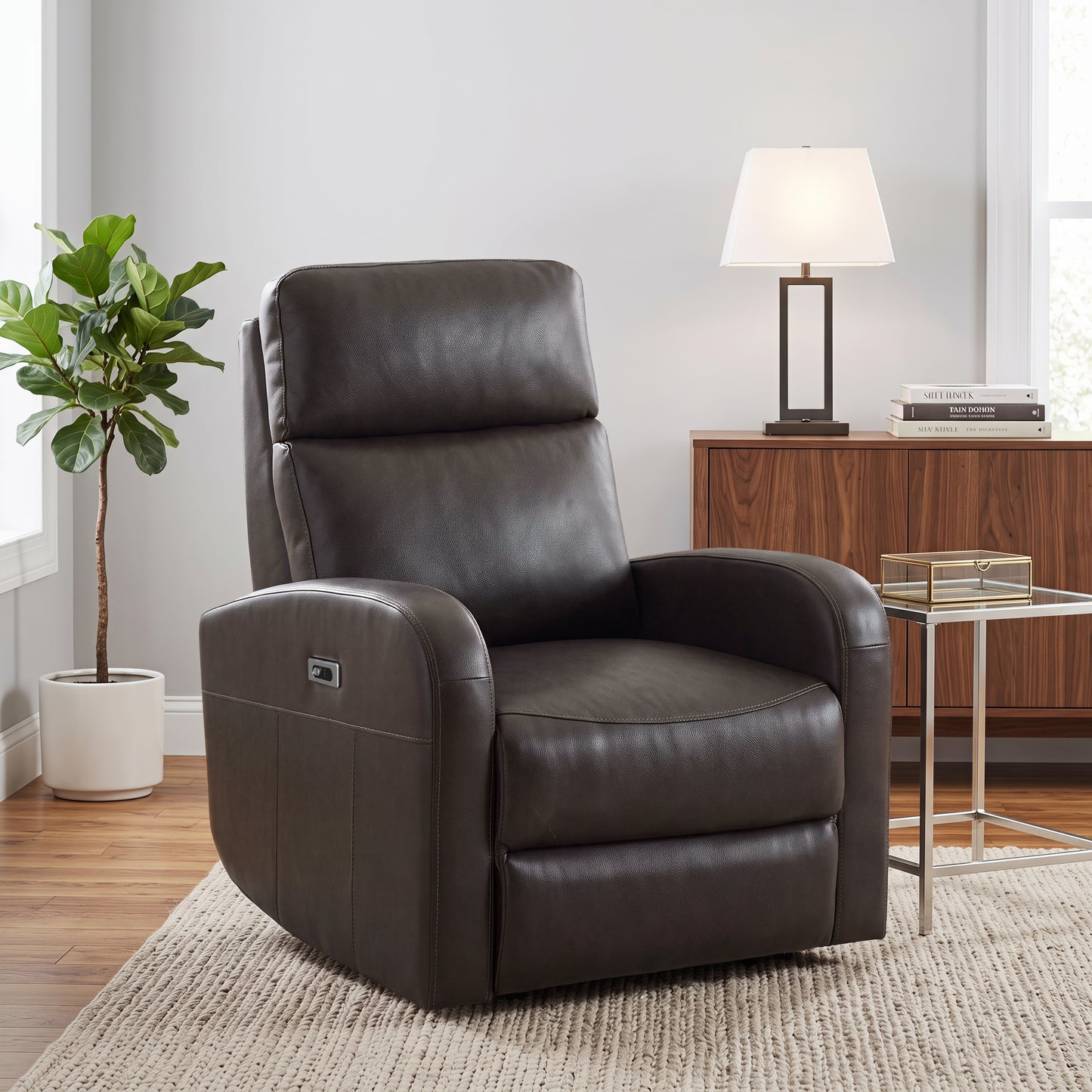 Roundhill Furniture Noah Leather Power Recliner Chair with Charging Port, One-Touch Electric Reclining Armchair