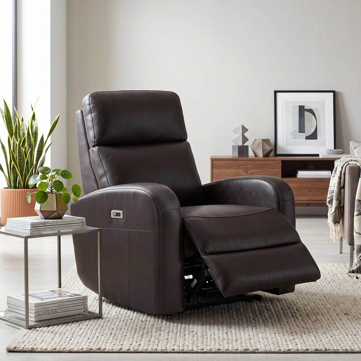 Roundhill Furniture Noah Leather Power Recliner Chair with Charging Port, One-Touch Electric Reclining Armchair