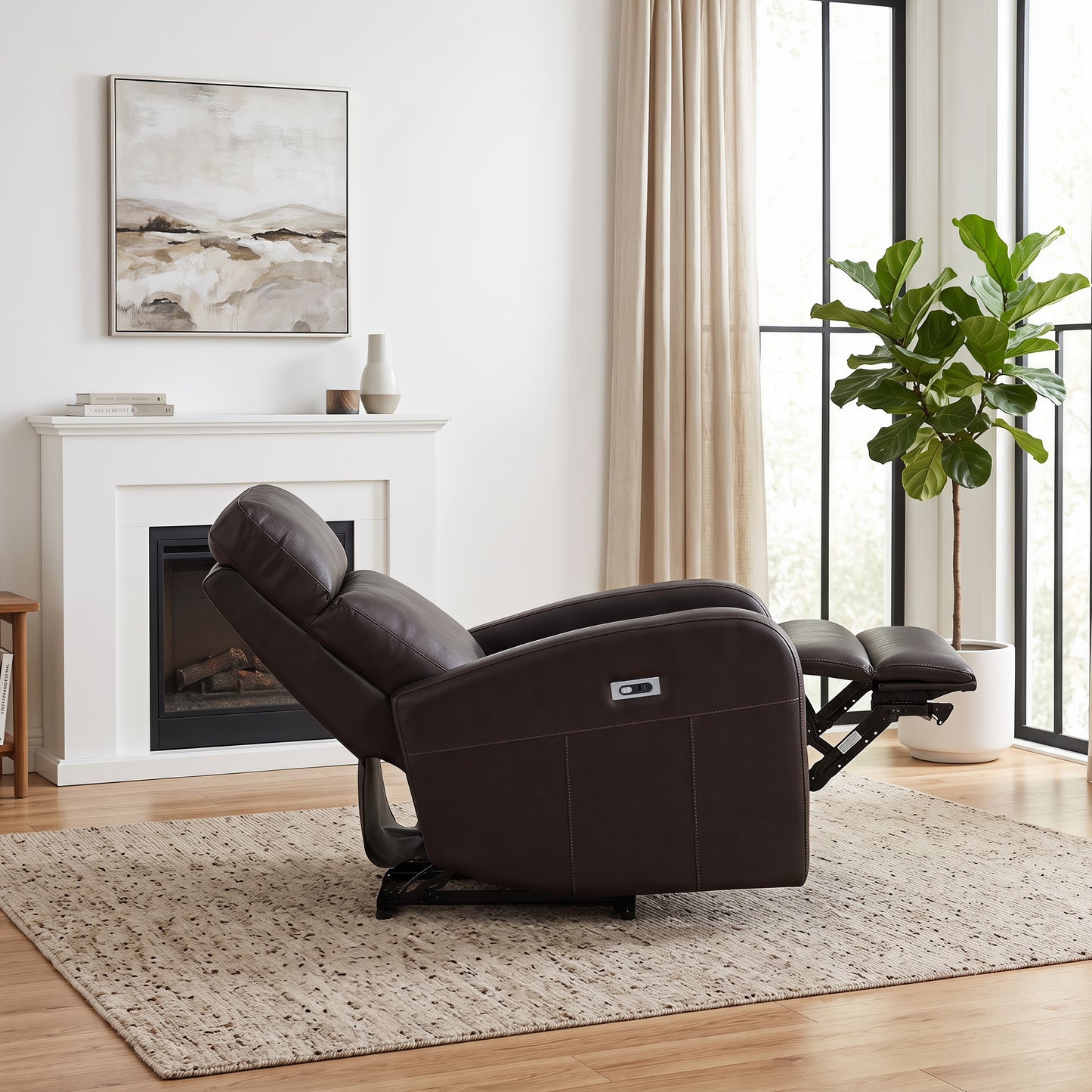 Roundhill Furniture Noah Leather Power Recliner Chair with Charging Port, One-Touch Electric Reclining Armchair