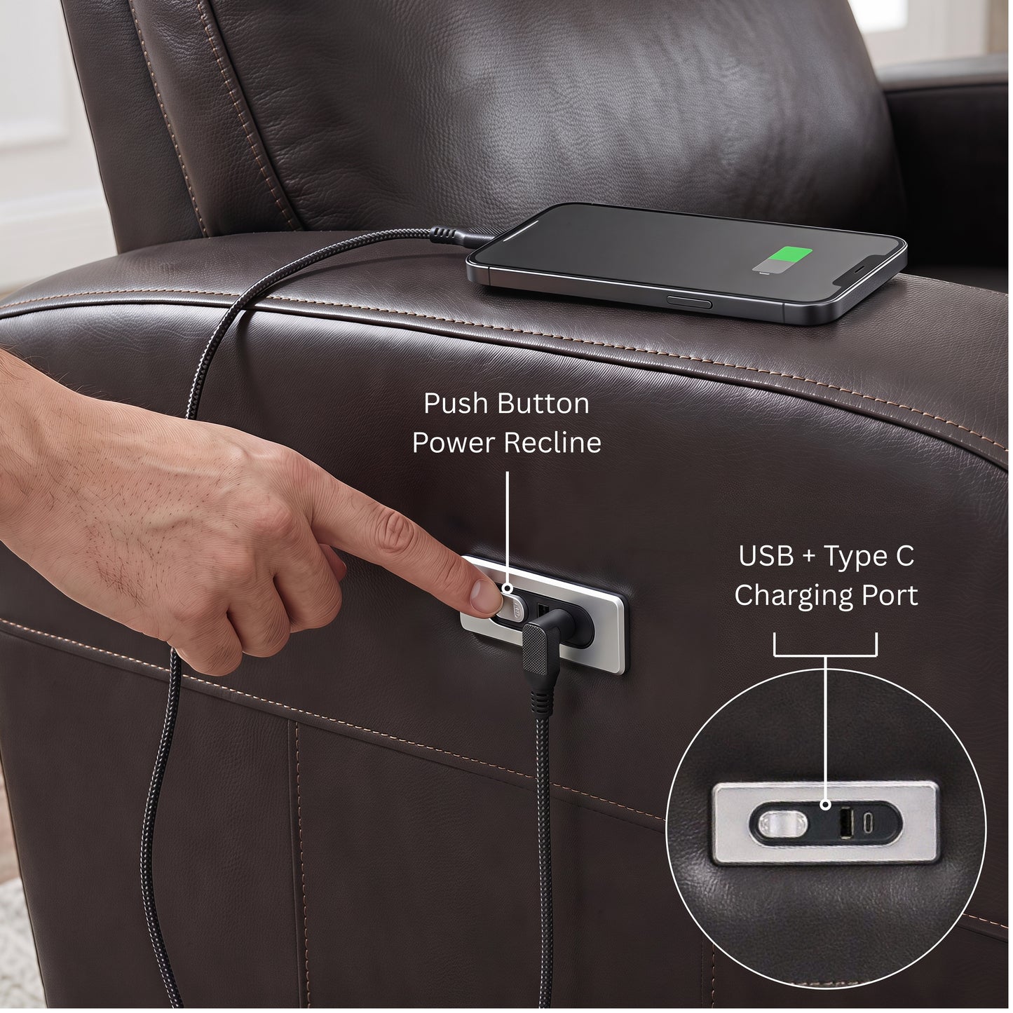 Roundhill Furniture Noah Leather Power Recliner Chair with Charging Port, One-Touch Electric Reclining Armchair