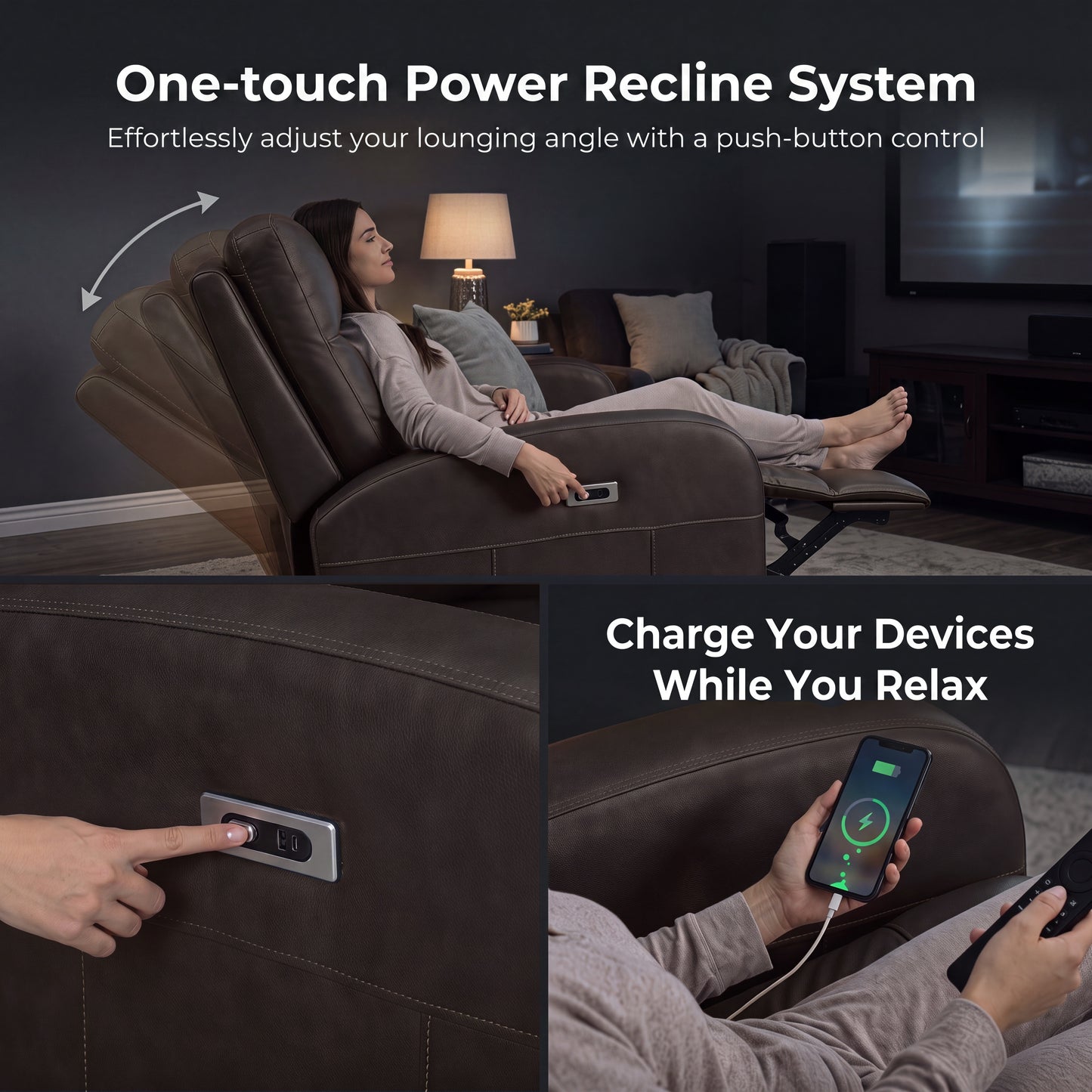 Roundhill Furniture Noah Leather Power Recliner Chair with Charging Port, One-Touch Electric Reclining Armchair