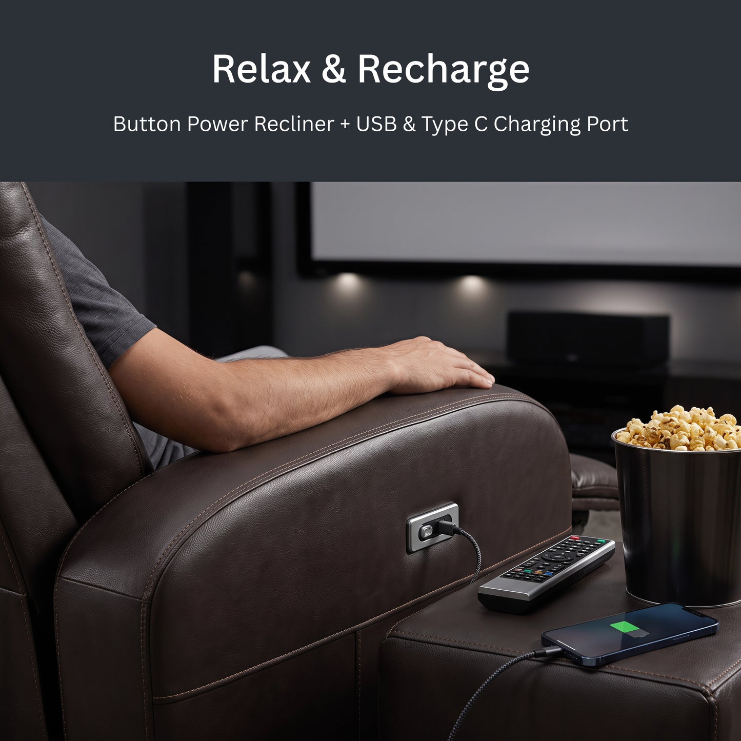 Roundhill Furniture Noah Leather Power Recliner Chair with Charging Port, One-Touch Electric Reclining Armchair