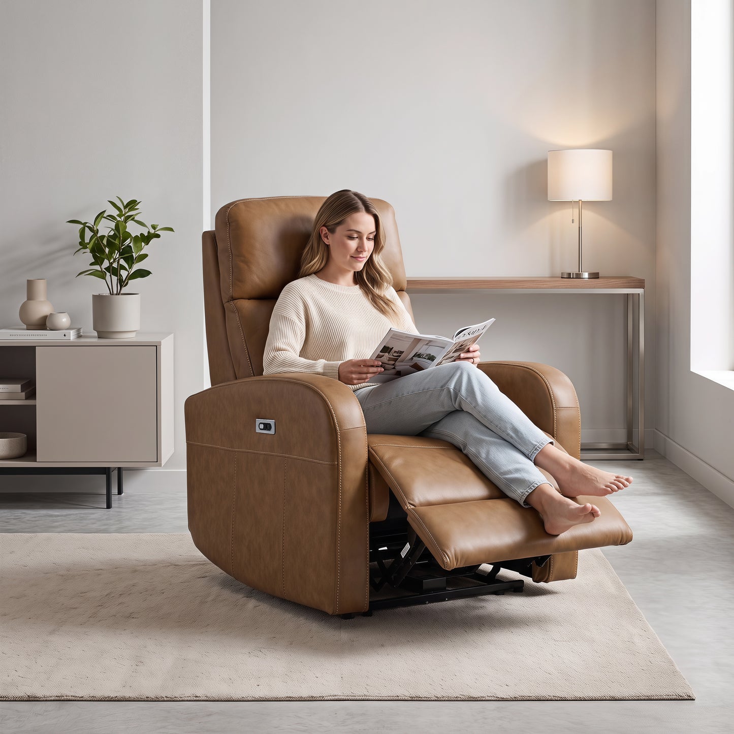 Roundhill Furniture Noah Leather Power Recliner Chair with Charging Port, One-Touch Electric Reclining Armchair