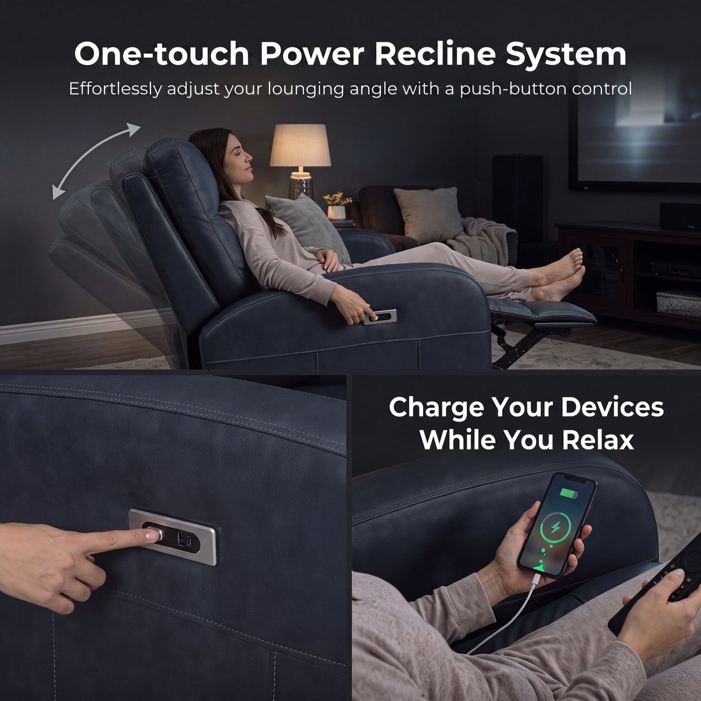 Roundhill Furniture Noah Leather Power Recliner Chair with Charging Port, One-Touch Electric Reclining Armchair