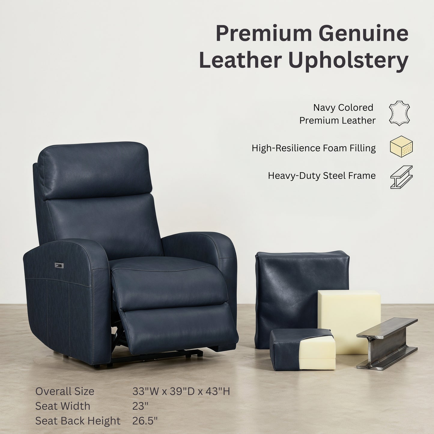 Roundhill Furniture Noah Leather Power Recliner Chair with Charging Port, One-Touch Electric Reclining Armchair