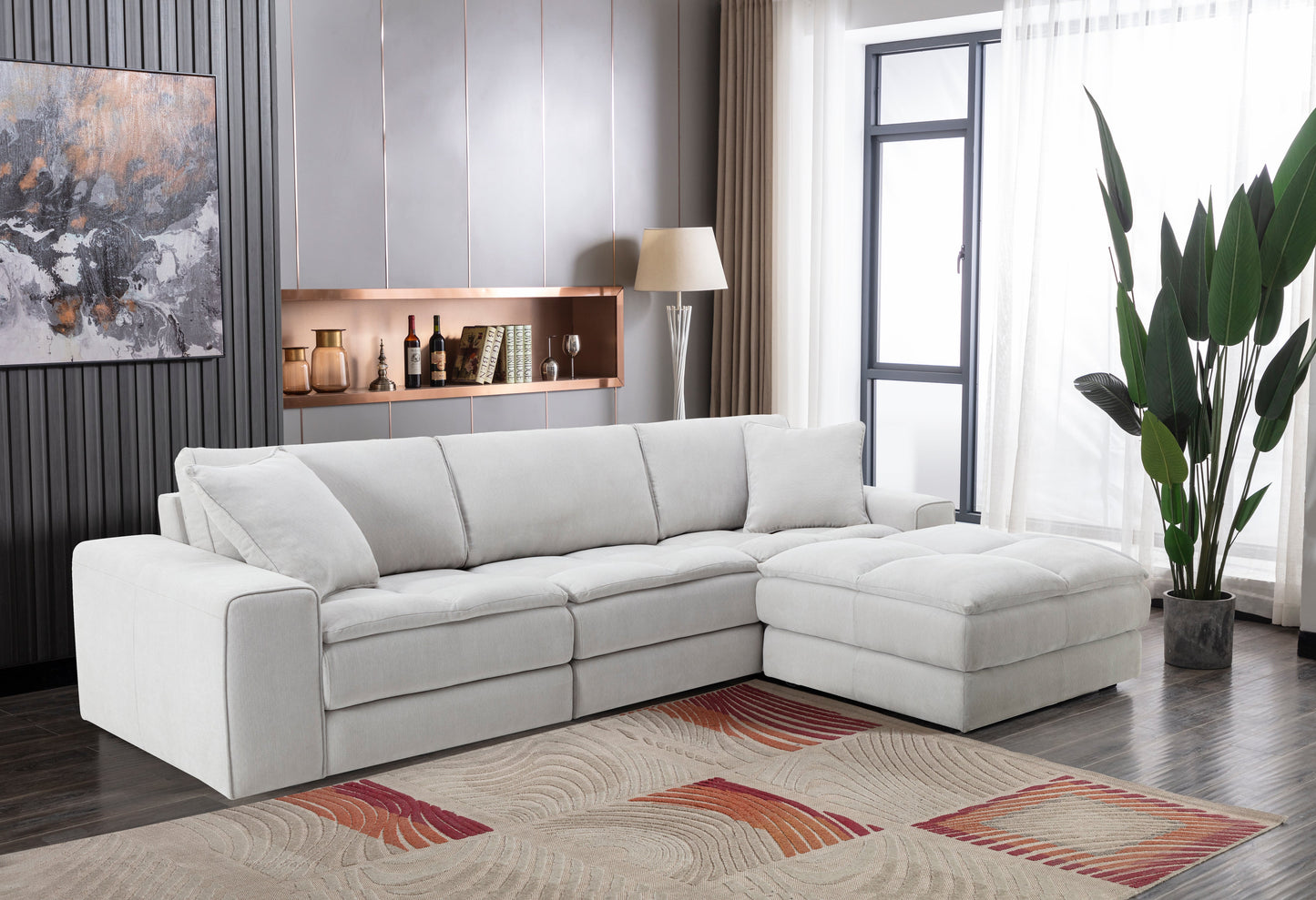 Breton Contemporary Fabric Tufted Sofa with Ottoman, Oyster
