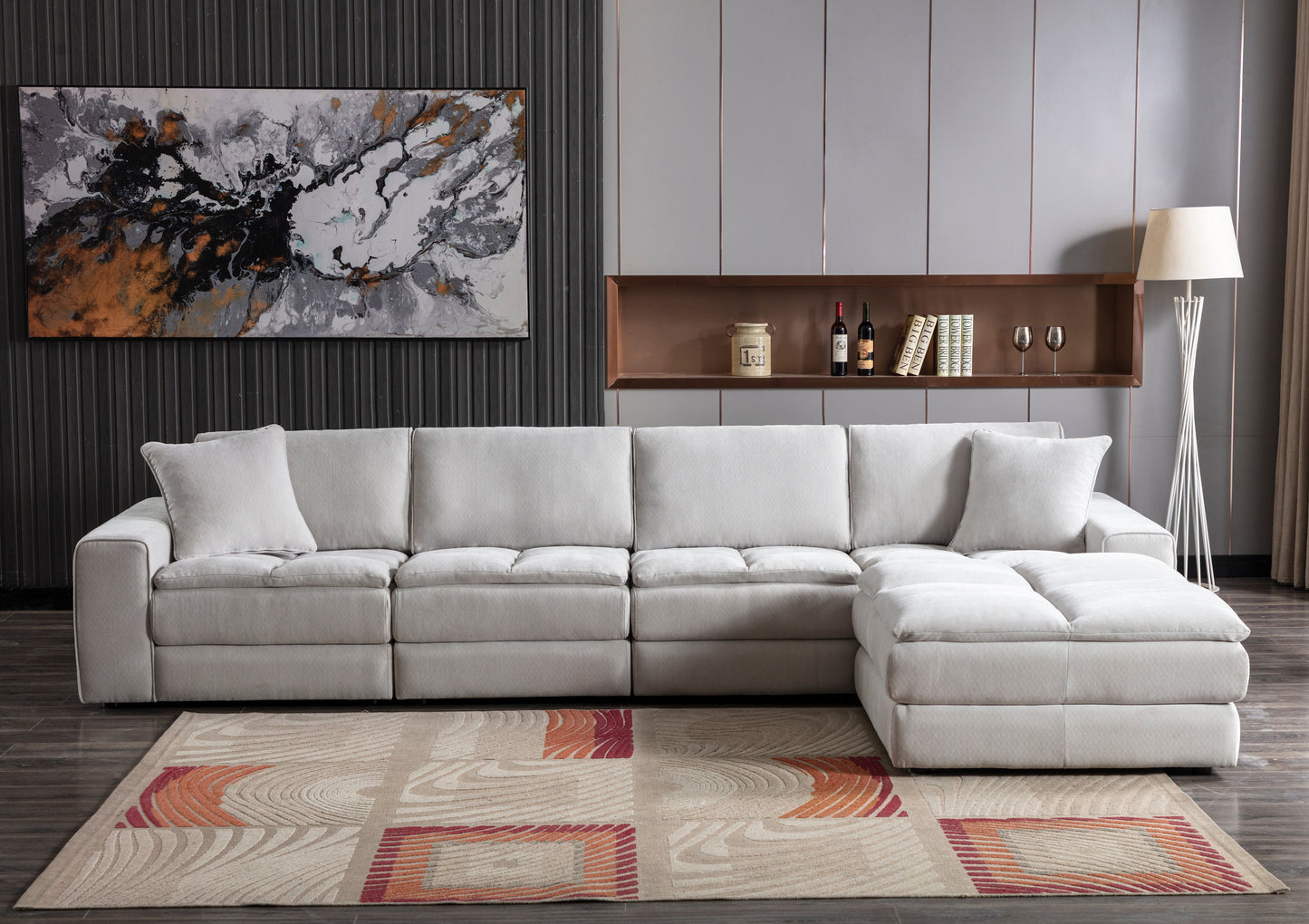 Breton Contemporary Fabric Tufted 5 Piece Sectional Sofa, Oyster