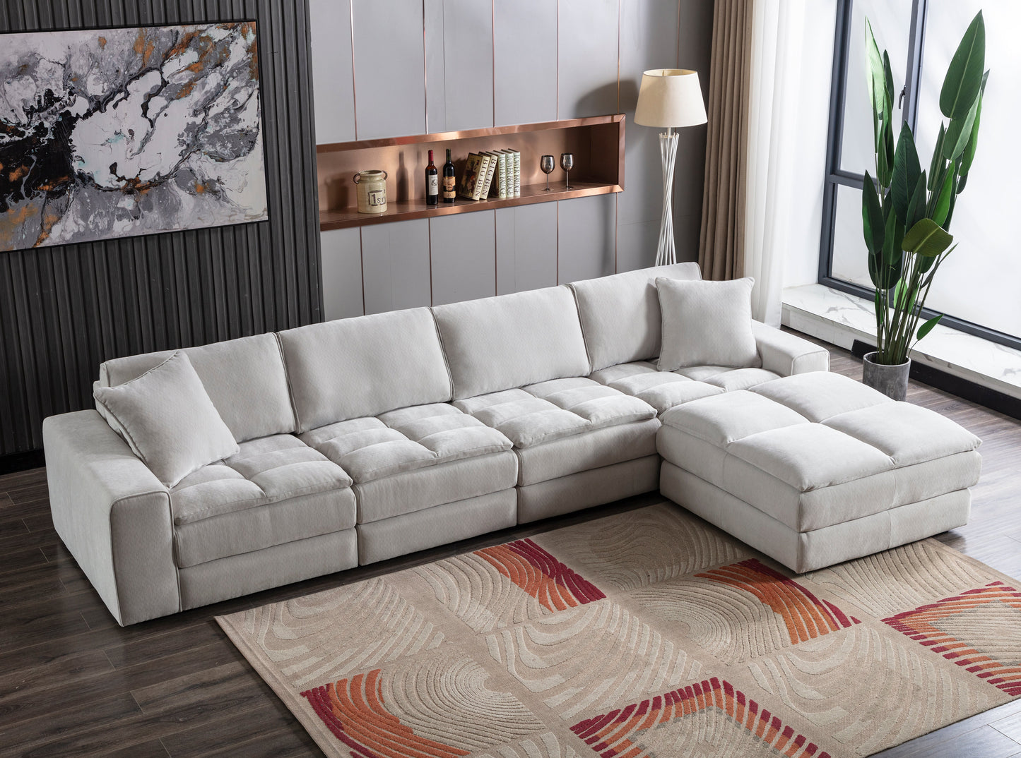 Breton Contemporary Fabric Tufted 5 Piece Sectional Sofa, Oyster