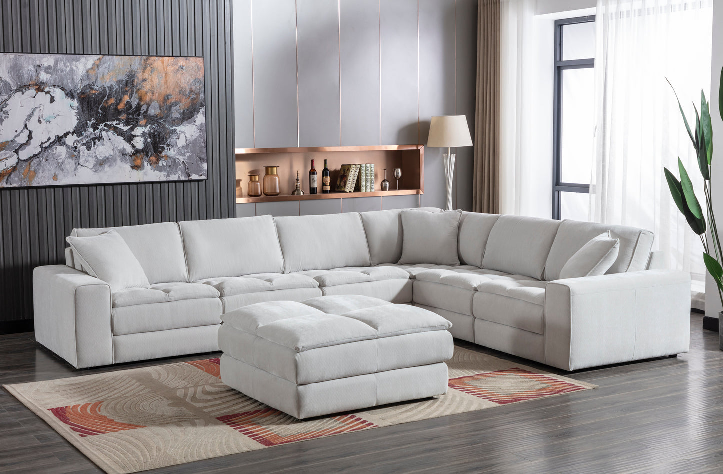 Breton Contemporary Fabric Tufted Modular Sectional Sofa with Ottoman, Oyster