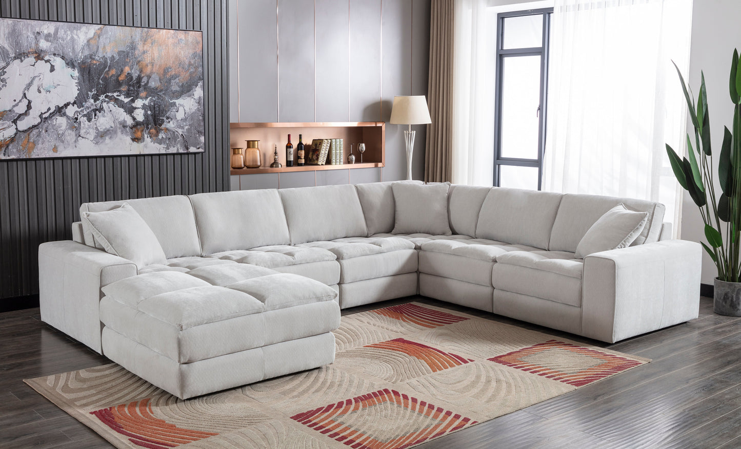 Breton Contemporary Fabric Tufted Modular Sectional Sofa with Ottoman, Oyster