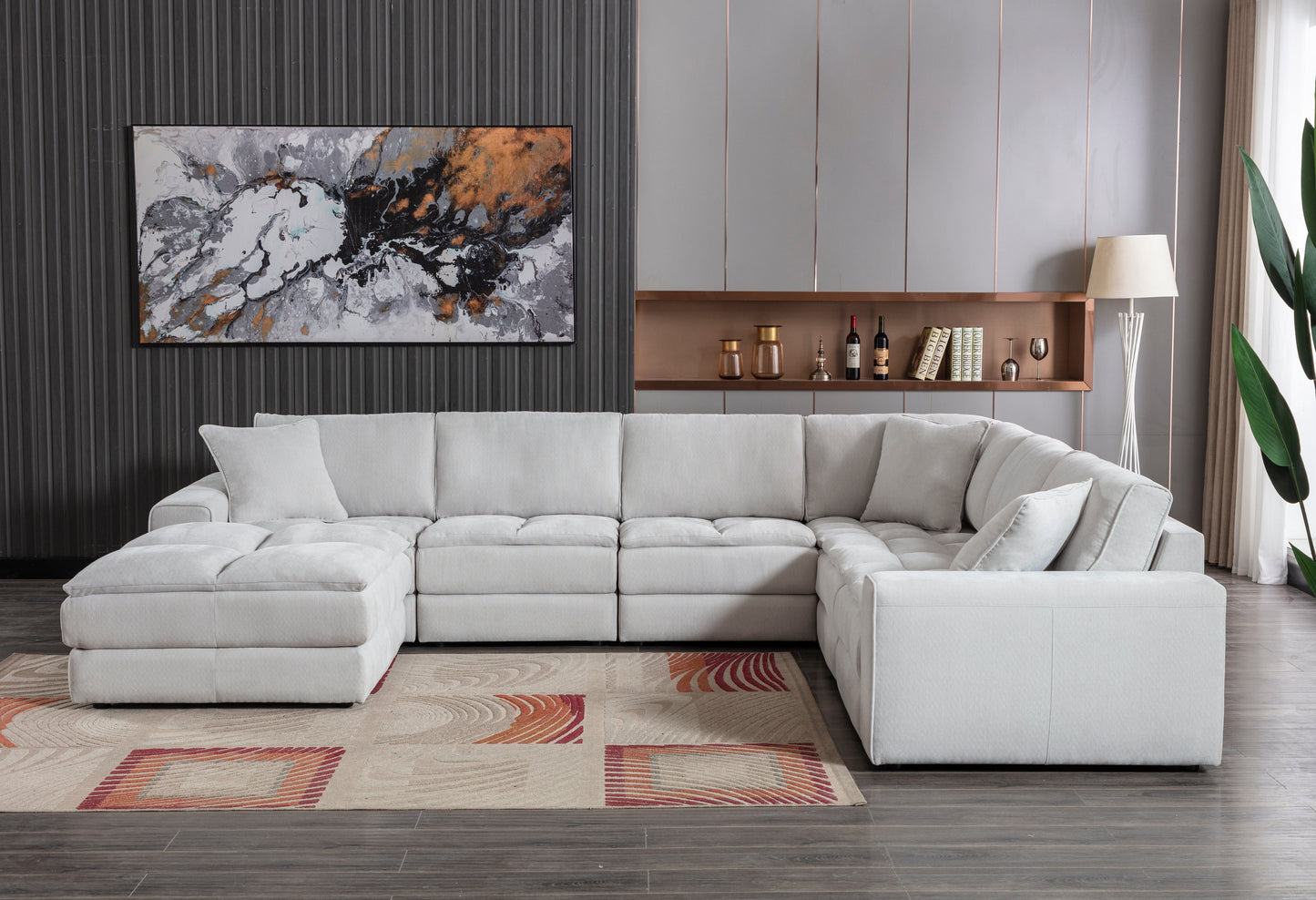 Breton Contemporary Fabric Tufted Modular Sectional Sofa with Ottoman, Oyster