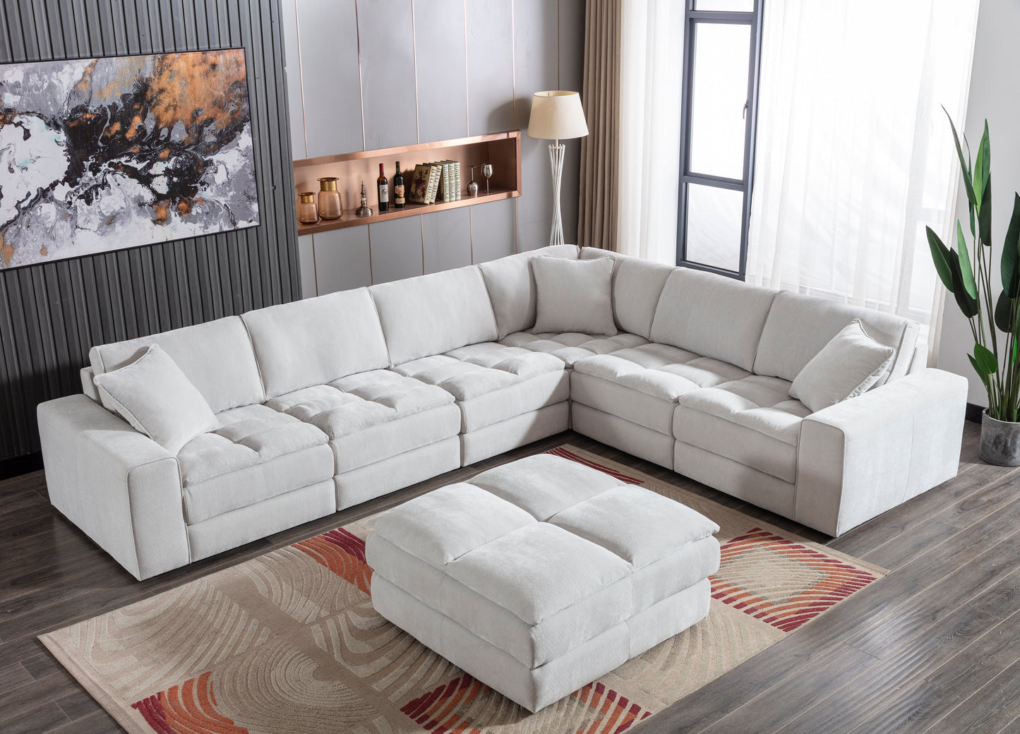 Breton Contemporary Fabric Tufted Modular Sectional Sofa with Ottoman, Oyster