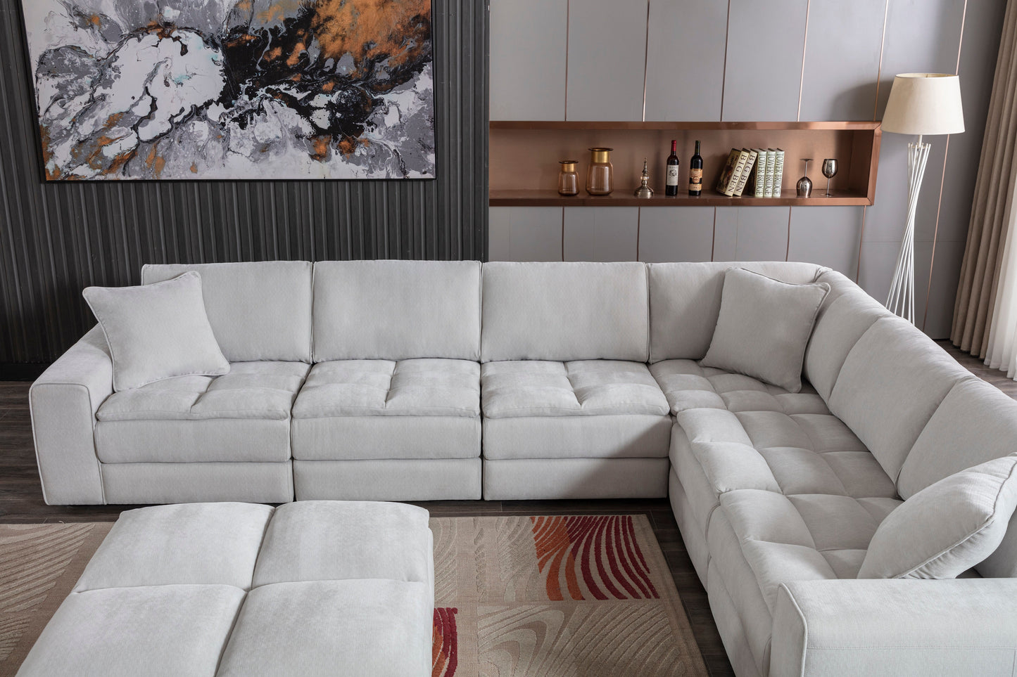 Breton Contemporary Fabric Tufted Modular Sectional Sofa with Ottoman, Oyster