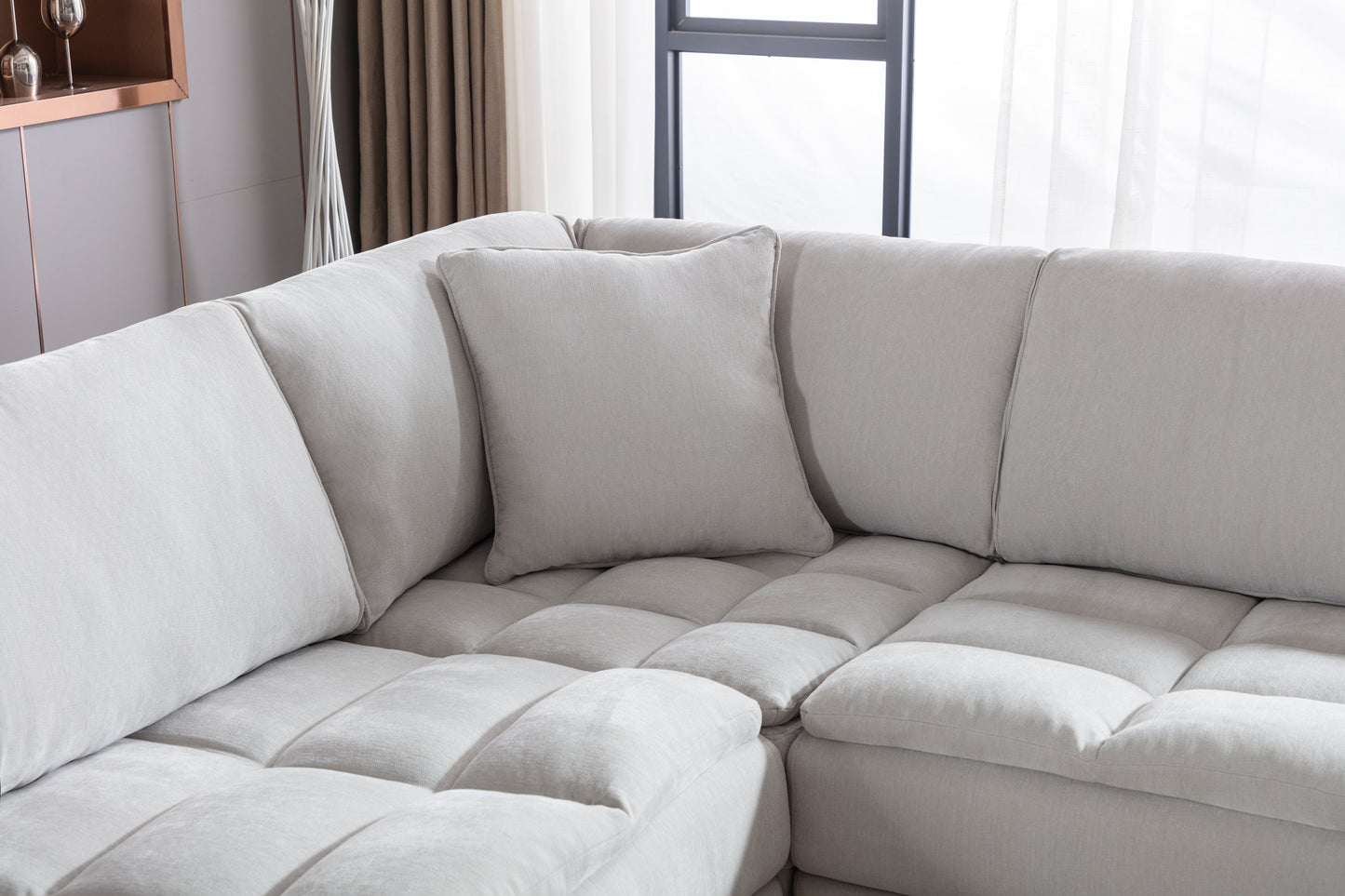 Breton Contemporary Fabric Tufted Modular Sectional Sofa with Ottoman, Oyster