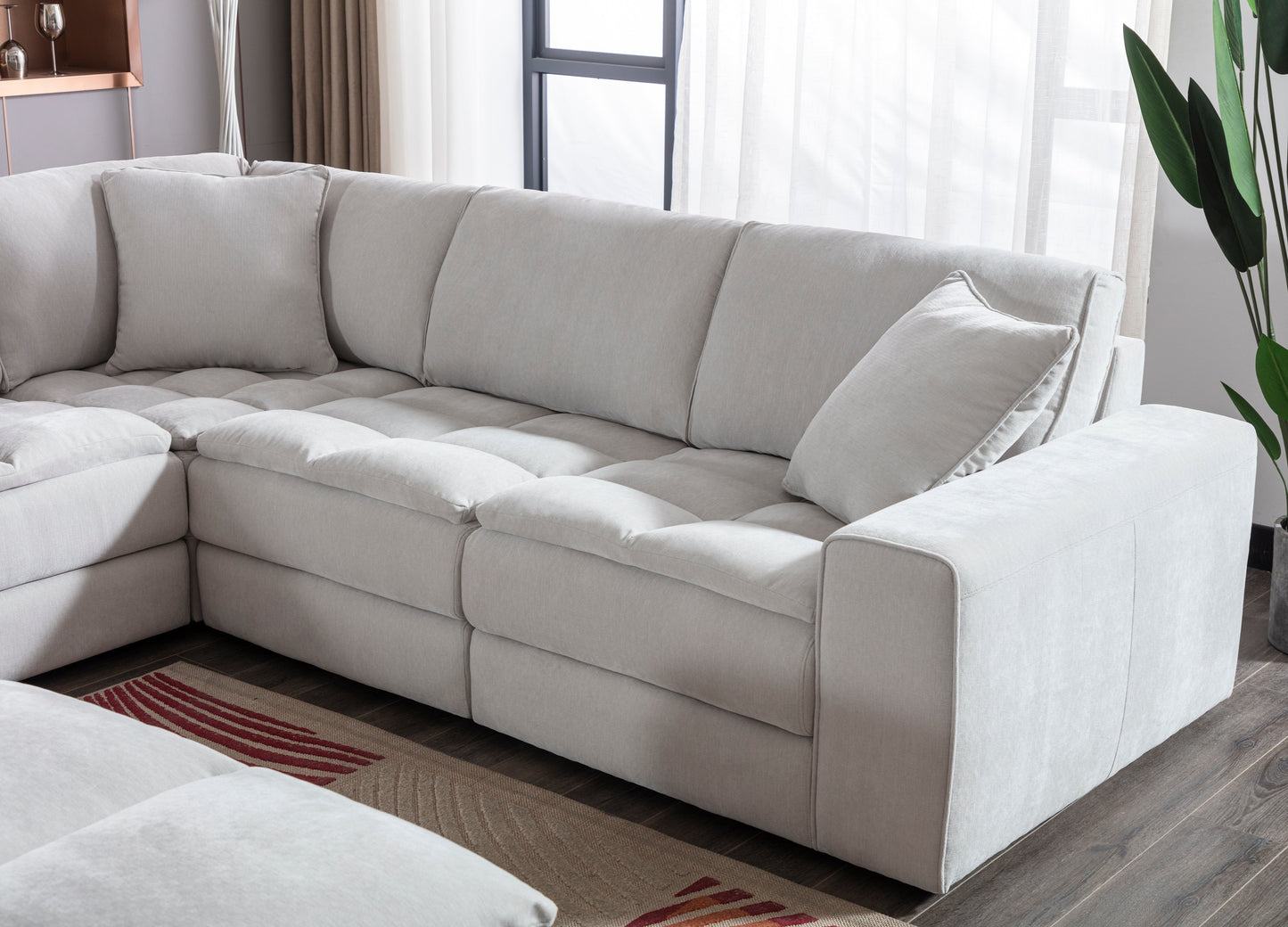 Breton Contemporary Fabric Tufted Modular Sectional Sofa with Ottoman, Oyster