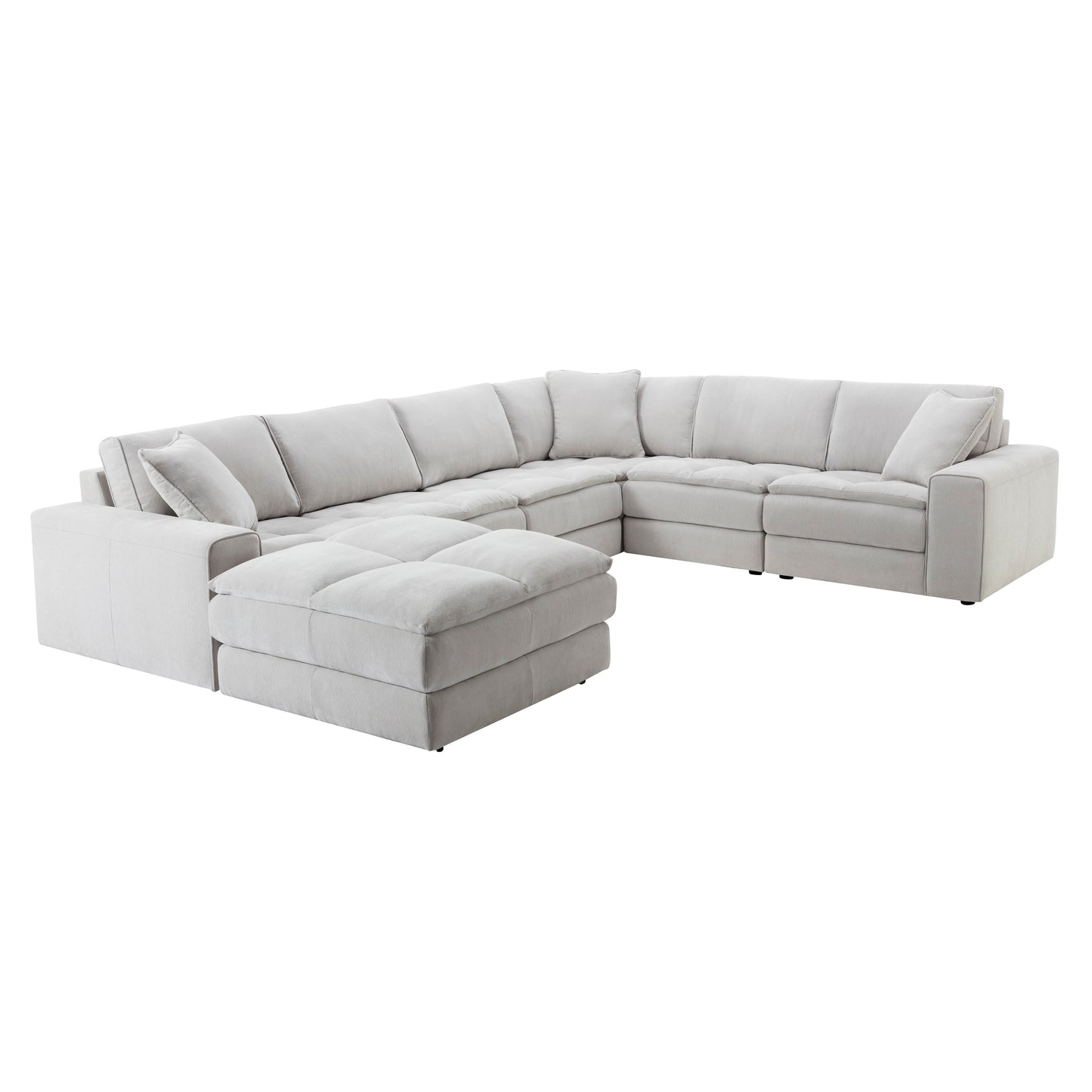 Breton Contemporary Fabric Tufted Modular Sectional Sofa with Ottoman, Oyster