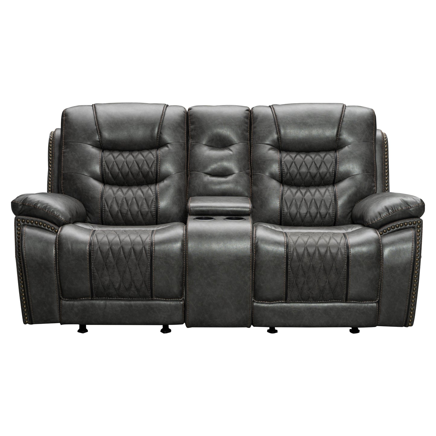 Kovel Faux Leather Reclining Loveseat with USB Port and Storage Console in Outlaw Steel