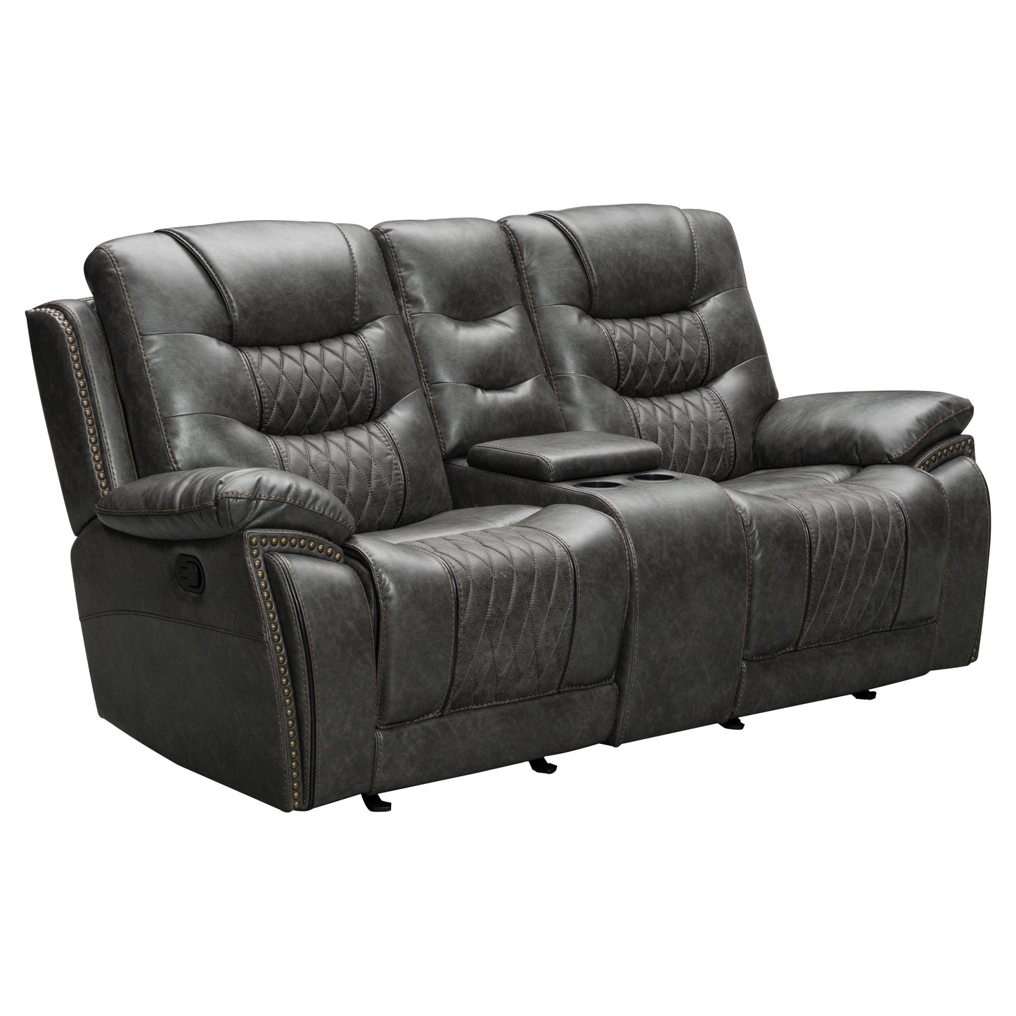 Kovel Faux Leather Reclining Loveseat with USB Port and Storage Console in Outlaw Steel