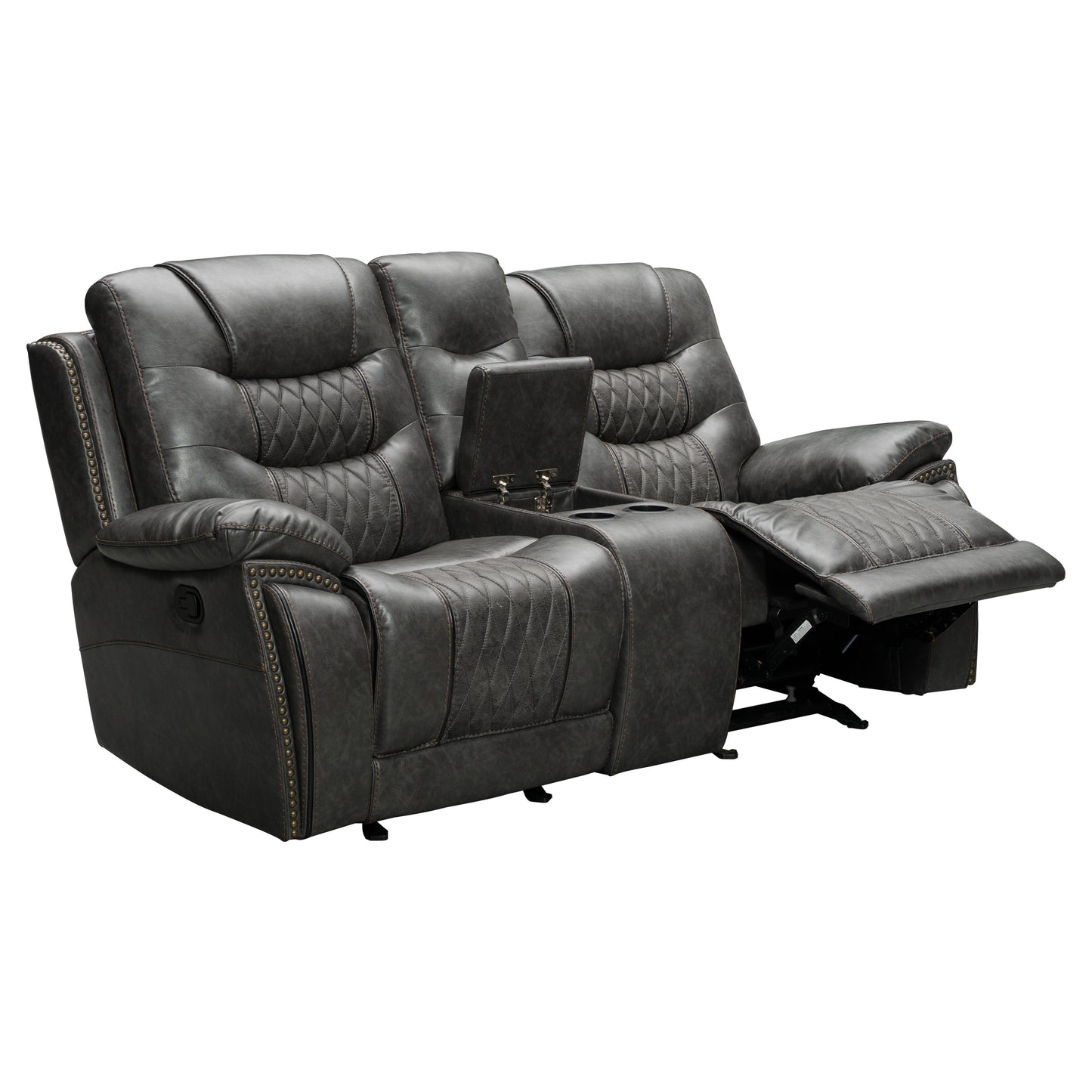 Kovel Faux Leather Reclining Loveseat with USB Port and Storage Console in Outlaw Steel