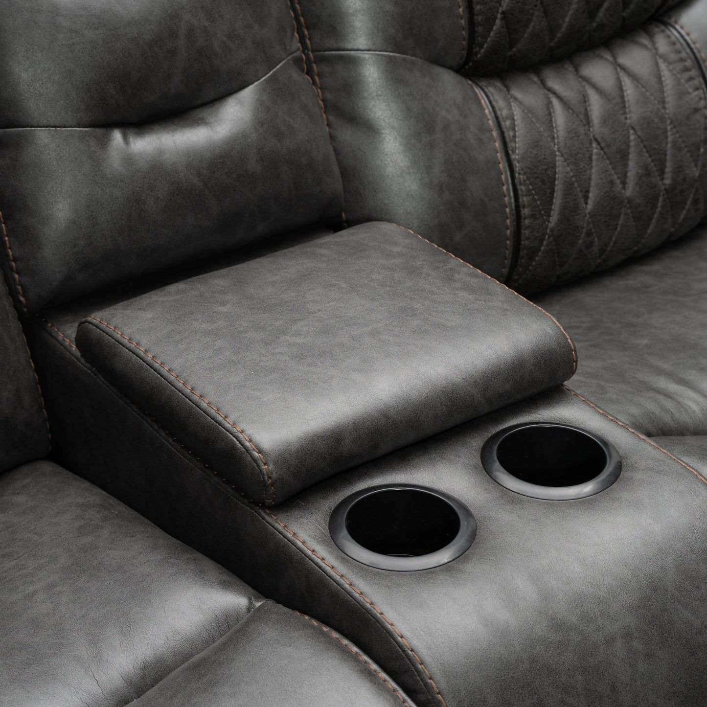 Kovel Faux Leather Reclining Loveseat with USB Port and Storage Console in Outlaw Steel