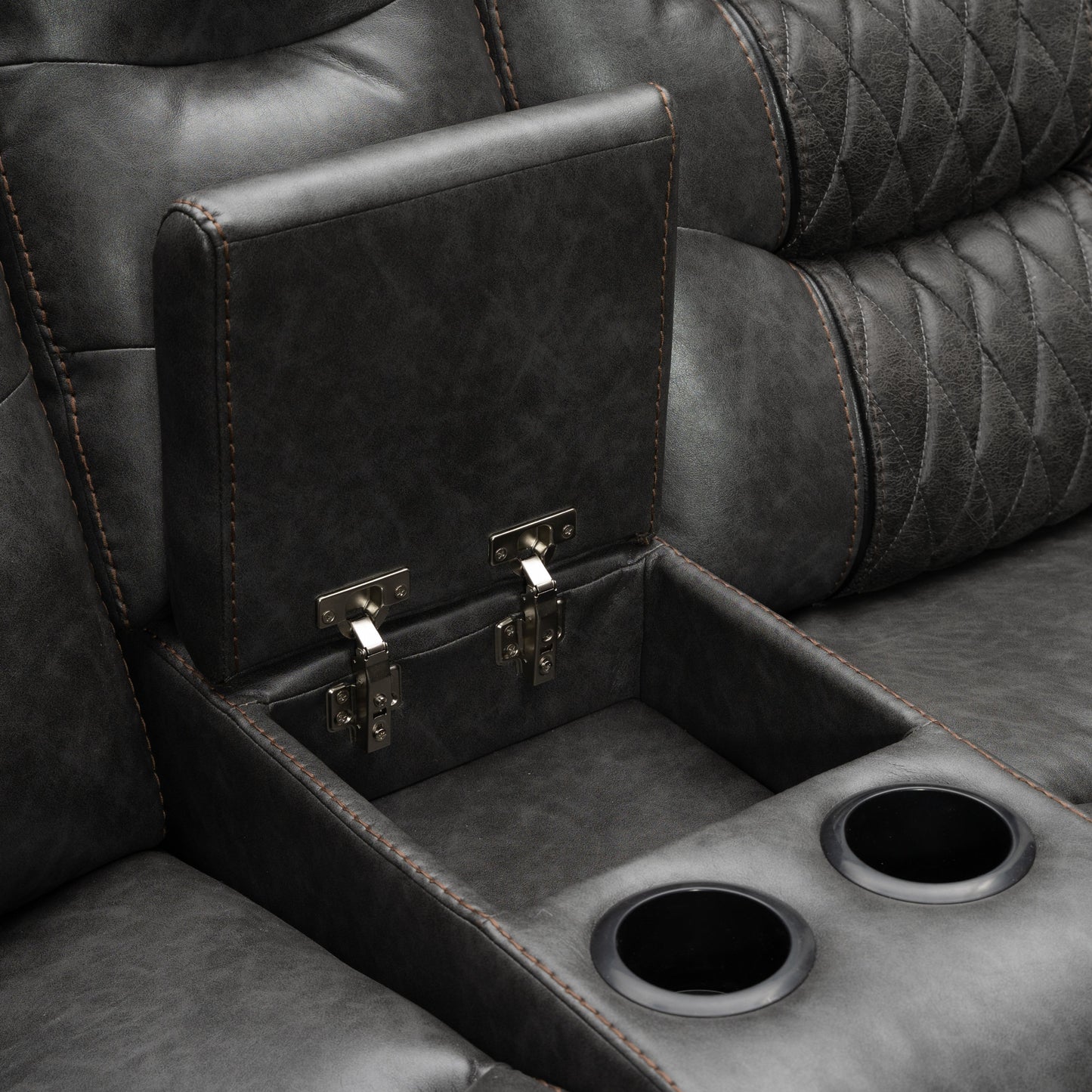 Kovel Faux Leather Reclining Loveseat with USB Port and Storage Console in Outlaw Steel