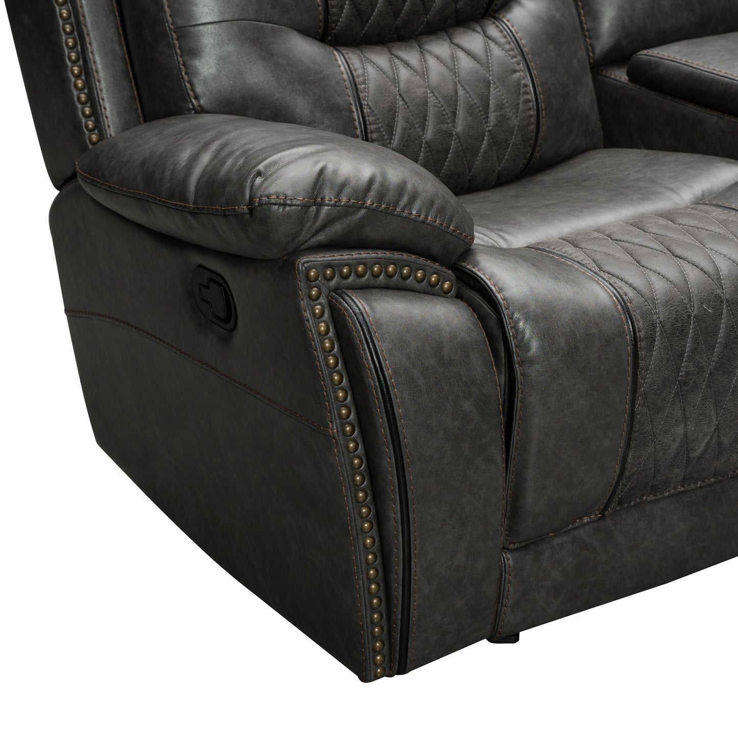 Kovel Faux Leather Reclining Loveseat with USB Port and Storage Console in Outlaw Steel