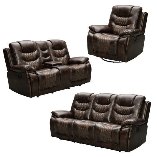 Kovel Faux Leather Reclining Living Room Collection with USB Port, Brown