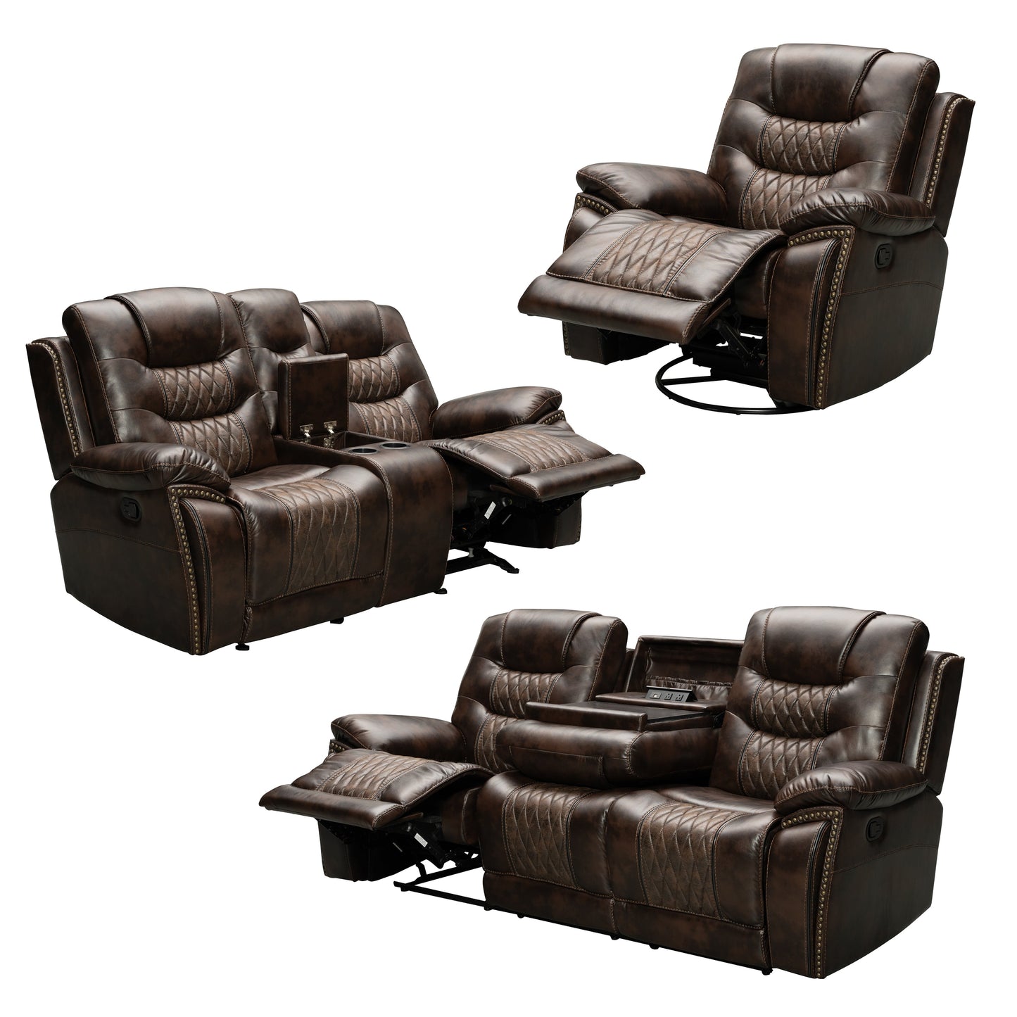 Kovel Faux Leather Reclining Living Room Collection with USB Port, Brown