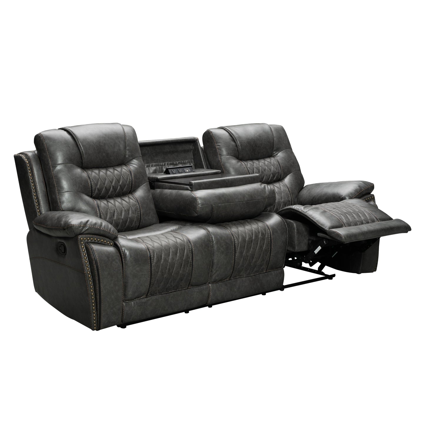 Kovel Faux Leather Reclining Living Room Collection with USB Port in Outlaw Steel