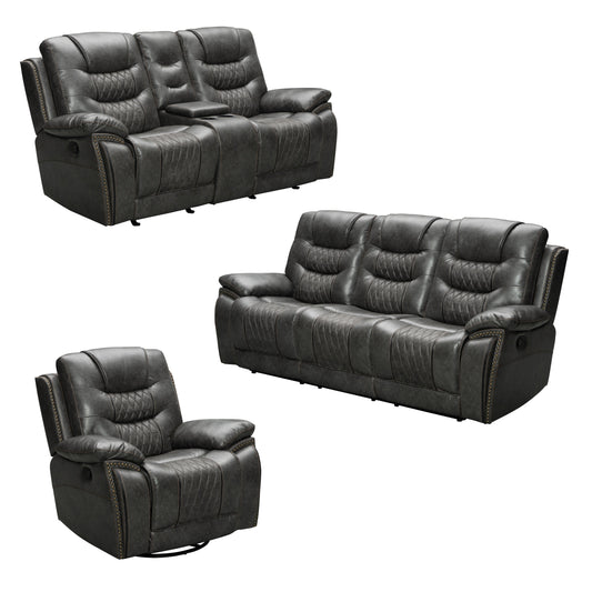 Kovel Faux Leather Reclining Living Room Collection with USB Port in Outlaw Steel