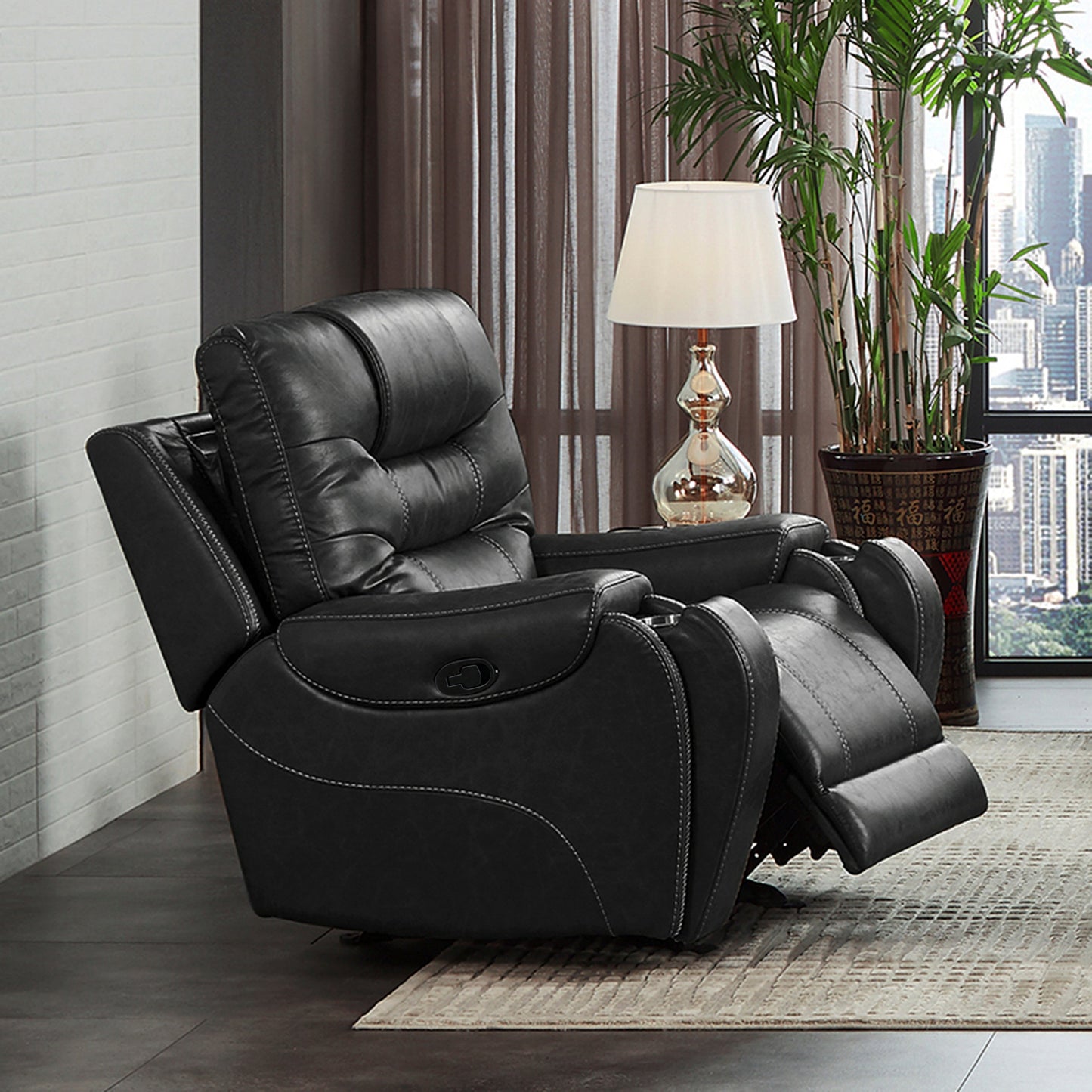 Rowena Contemporary Faux Leather Recliner with Cup Holder, Smoke