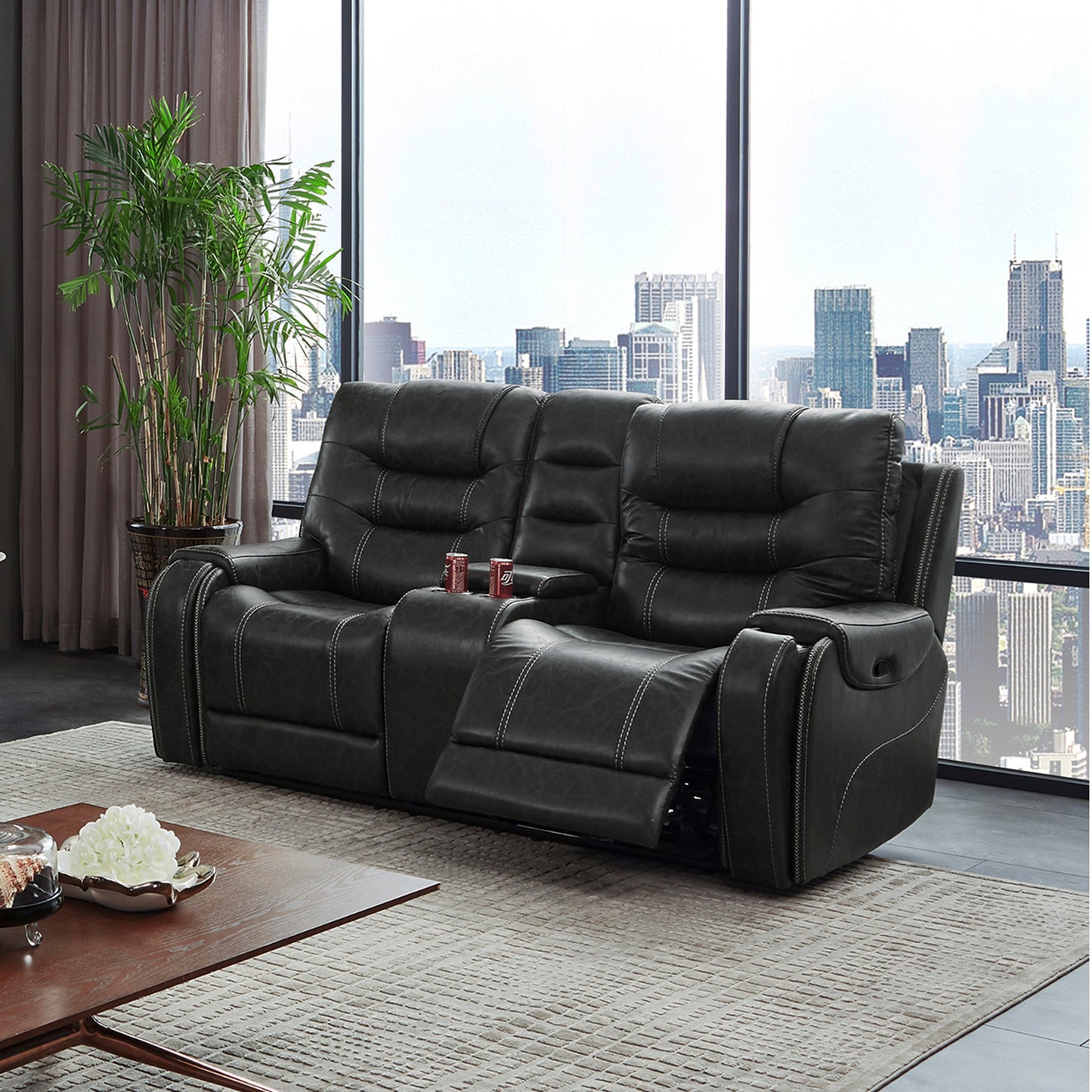 Rowena Contemporary Faux Leather Reclining Loveseat with Console, Smoke