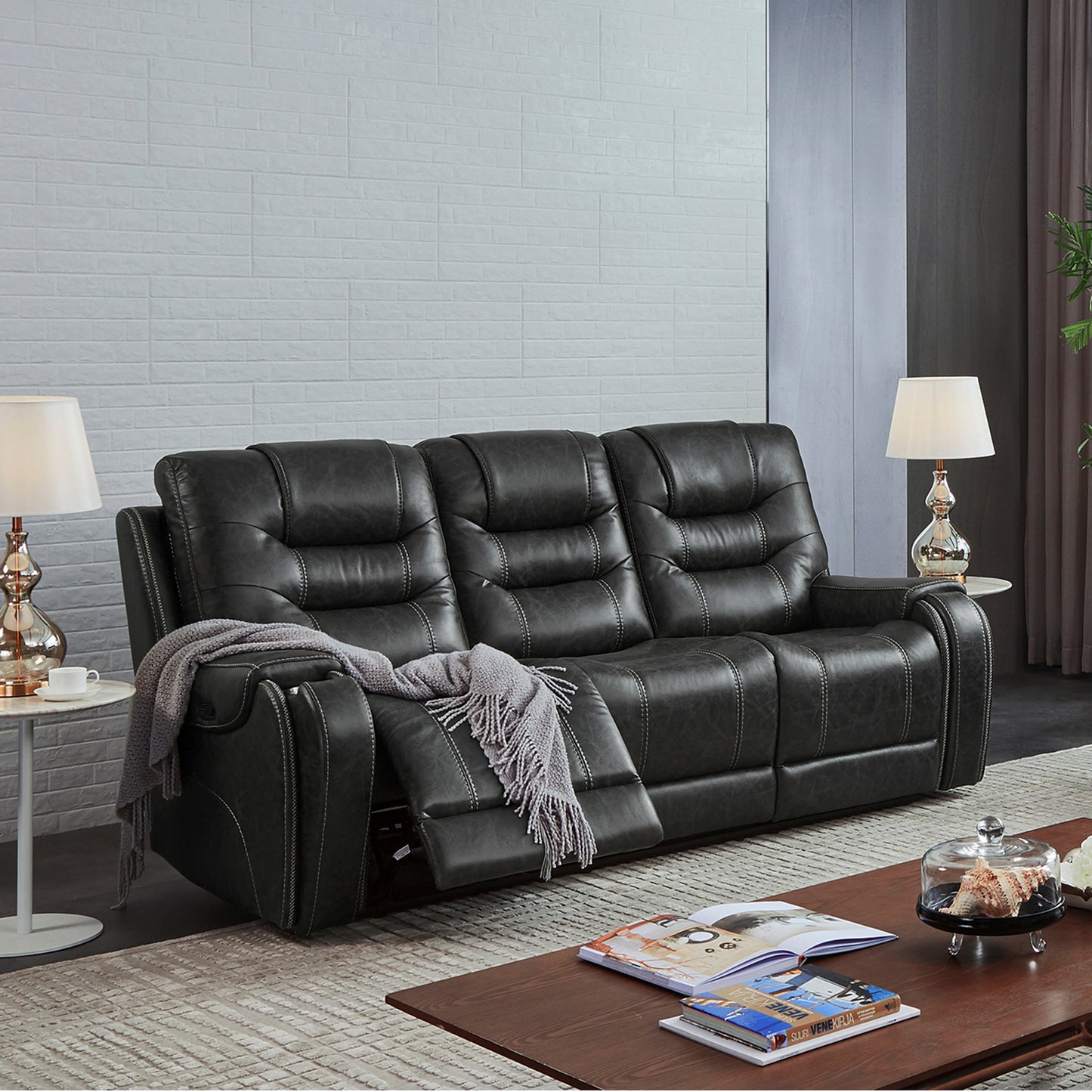 Rowena Contemporary Faux Leather Reclining Sofa with Cup Holder, Smoke