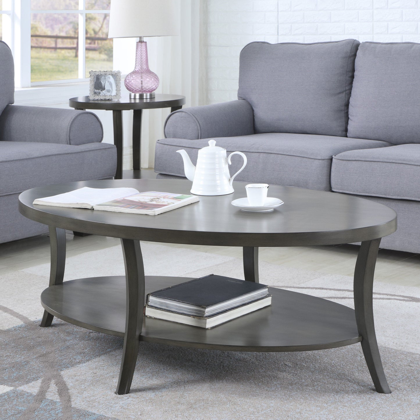 Roundhill Furniture Perth Contemporary Oval Coffee Table with Shelf, Gray