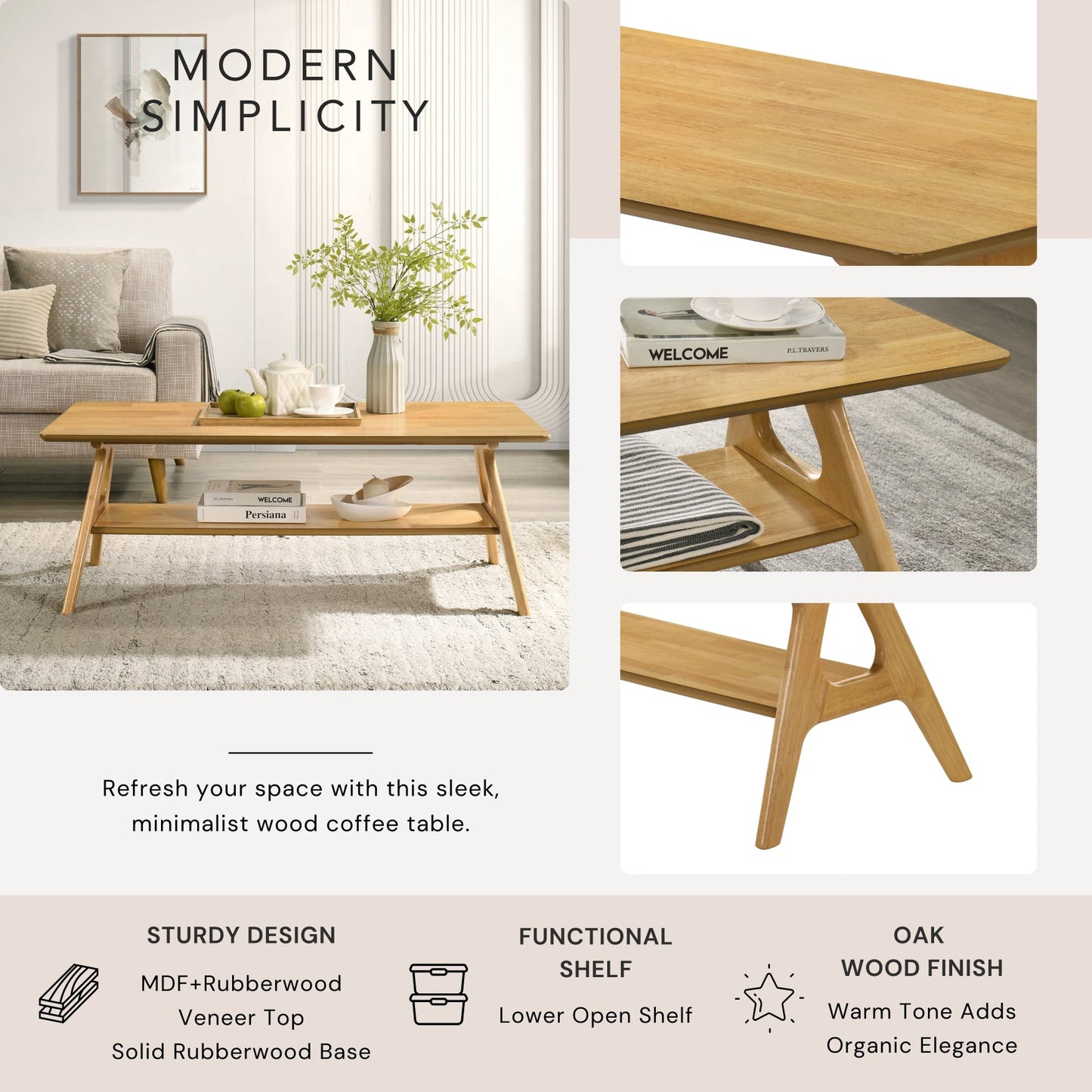 Roundhill Furniture Arona 3-Piece Coffee Table Set, Coffee Table and Two End Tables