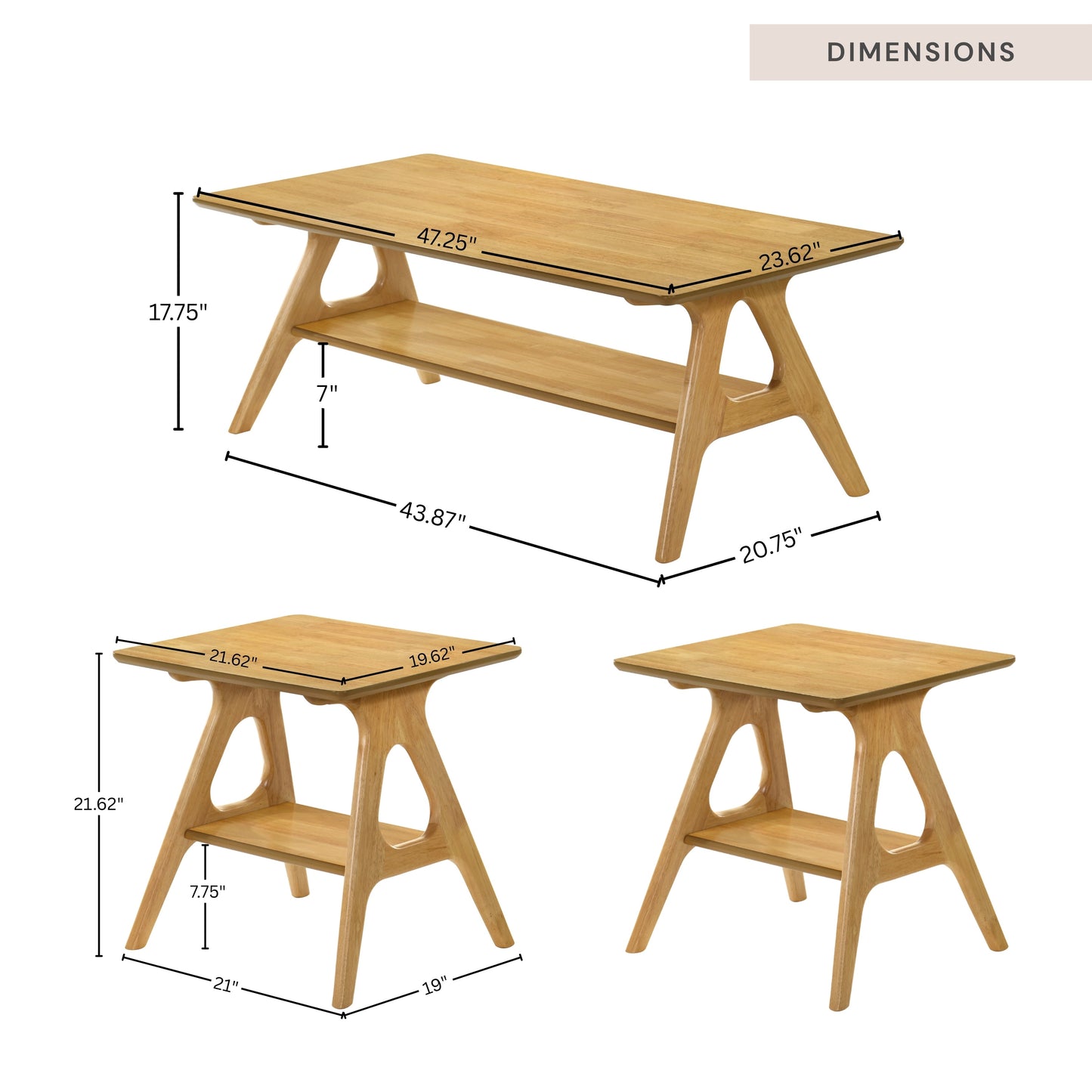 Roundhill Furniture Arona 3-Piece Coffee Table Set, Coffee Table and Two End Tables