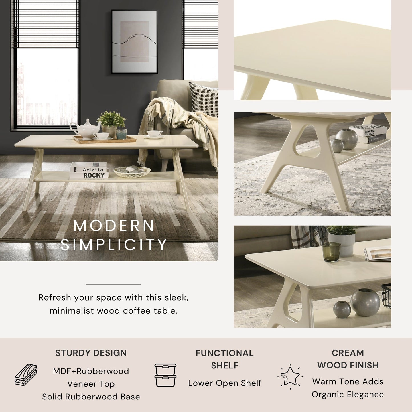 Roundhill Furniture Arona 3-Piece Coffee Table Set, Coffee Table and Two End Tables